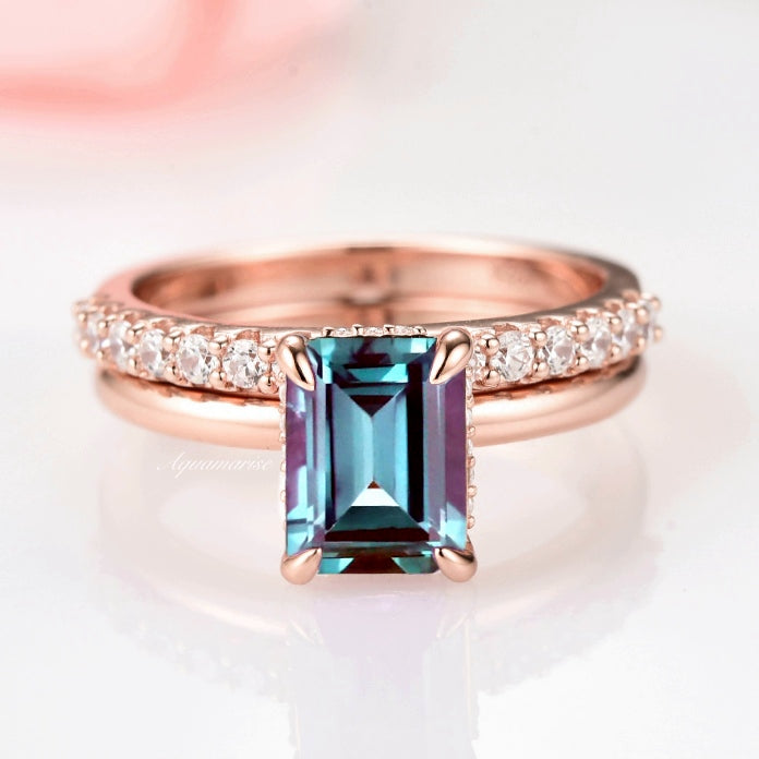 Alexandrite Engagement Ring Set - 14K Rose Gold Vermeil Wedding Band for Women | Perfect for Proposals, Anniversaries & Special Occasions