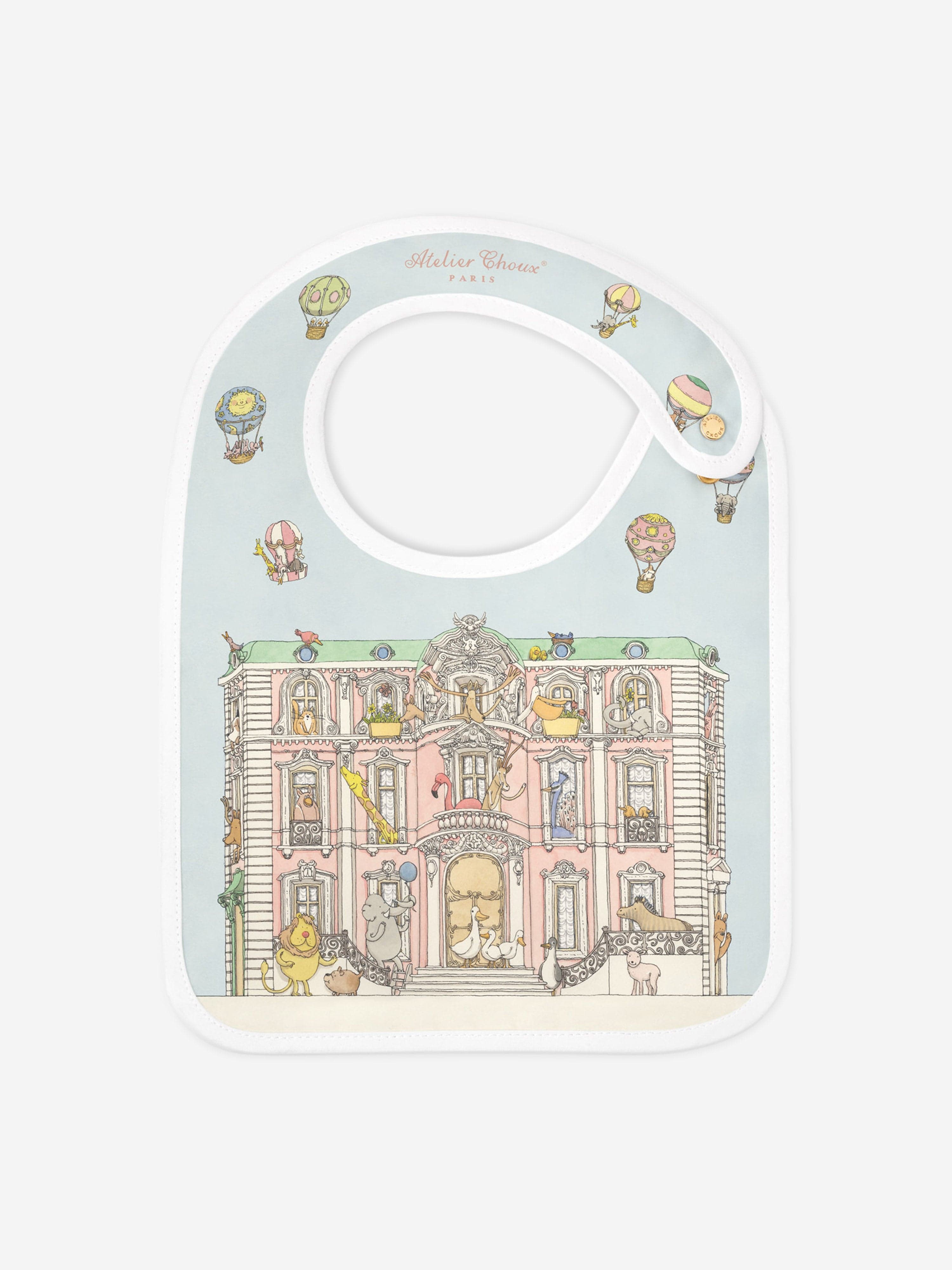 Atelier Choux Baby Satin Monceau Mansion Bib - Soft Blue Luxury Drool Bib for Newborns & Infants - Perfect for Feeding, Teething & Photo Shoots