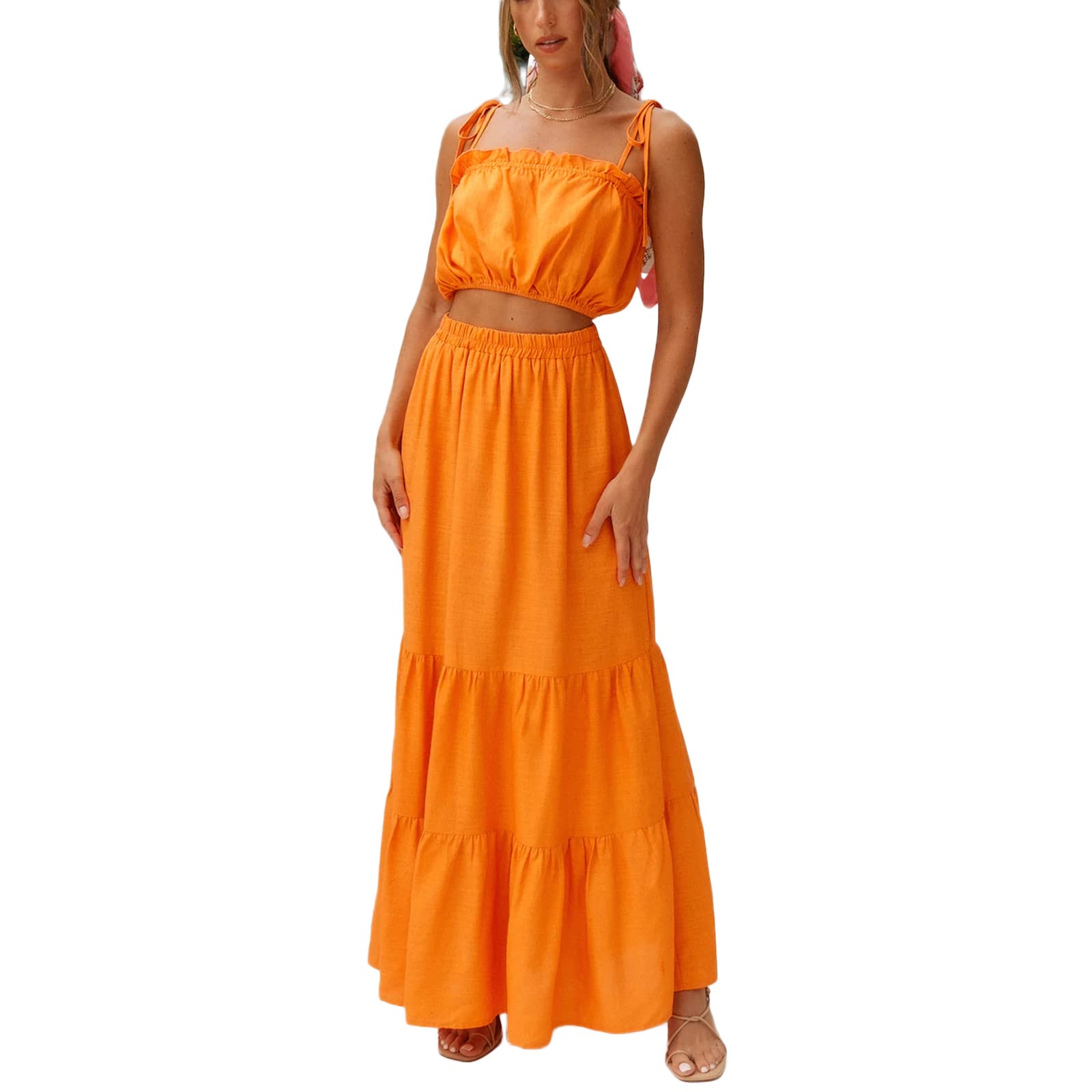 Women's Floral Off-Shoulder Crop Top & Elastic Waist Maxi Skirt Set - Perfect for Beach Vacation, Summer Party, and Tropical Getaway