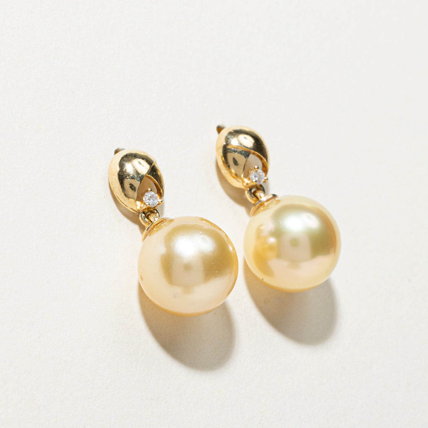 Exquisite South Sea Golden Pearl & Diamond Drop Earrings | 0.04ctw | Elegant Jewelry for Weddings, Parties & Special Occasions