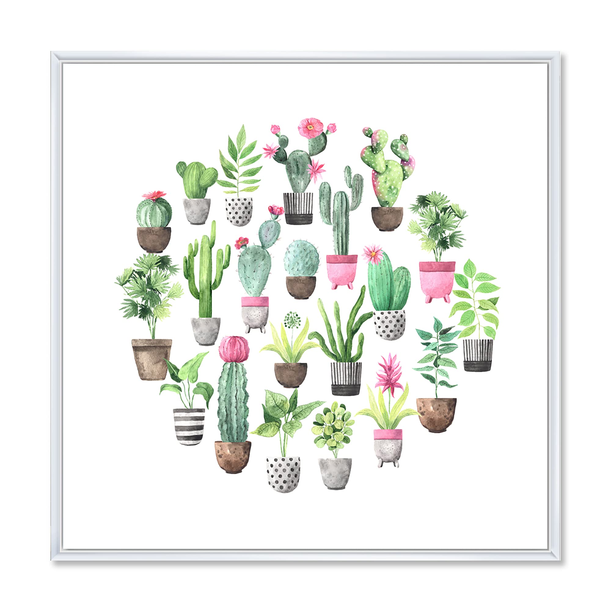 DesignQ Cacti in Ceramic Pots - Traditional Framed Canvas Wall Art Print | Desert Home Decor, Office & Living Room Wall Decor