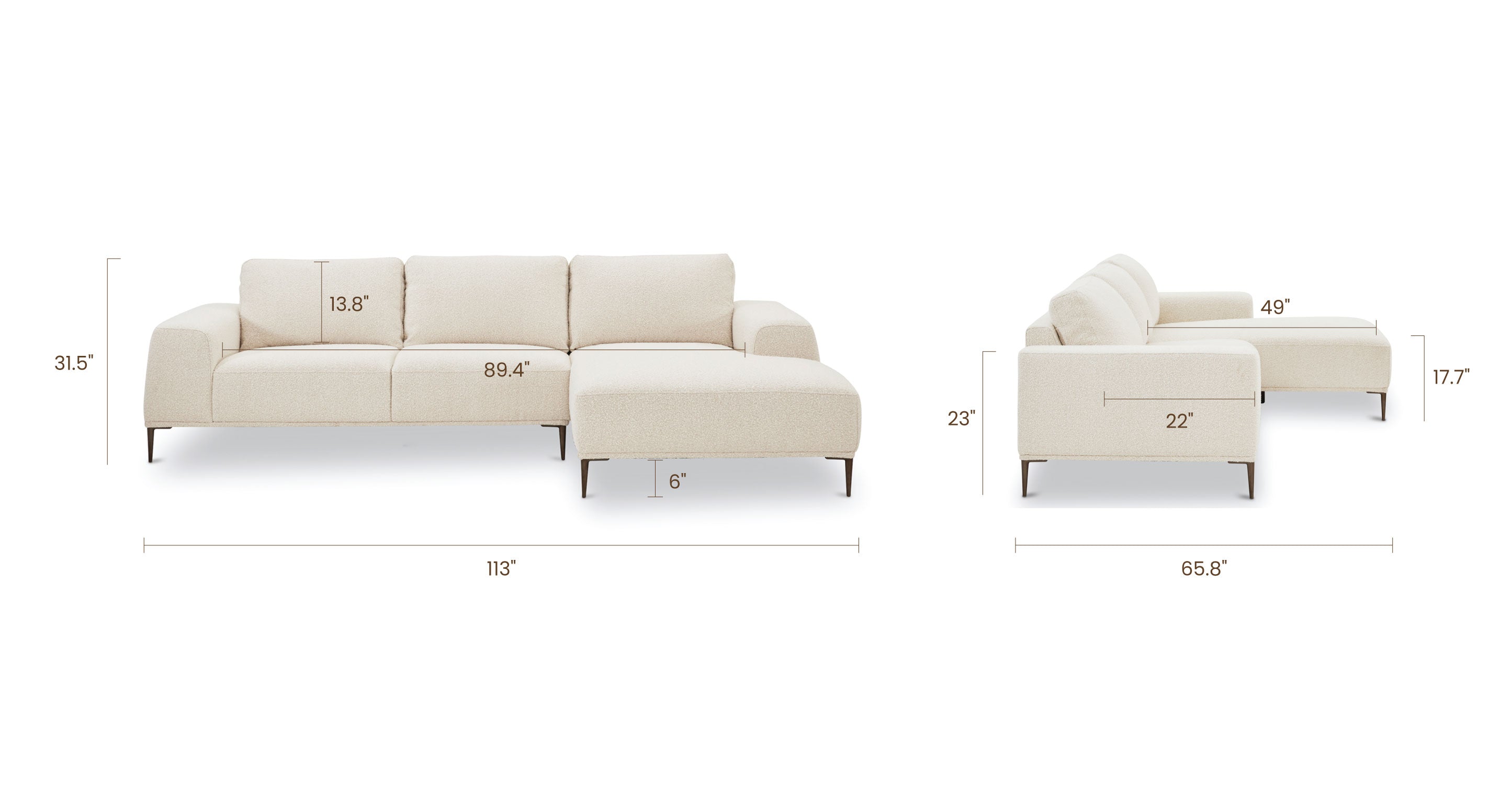 Rue Right Facing Sectional Sofa - Modern L-Shaped Couch with Reversible Chaise for Living Room, Family Room & Small Spaces - Comfortable Fabric Upholstery
