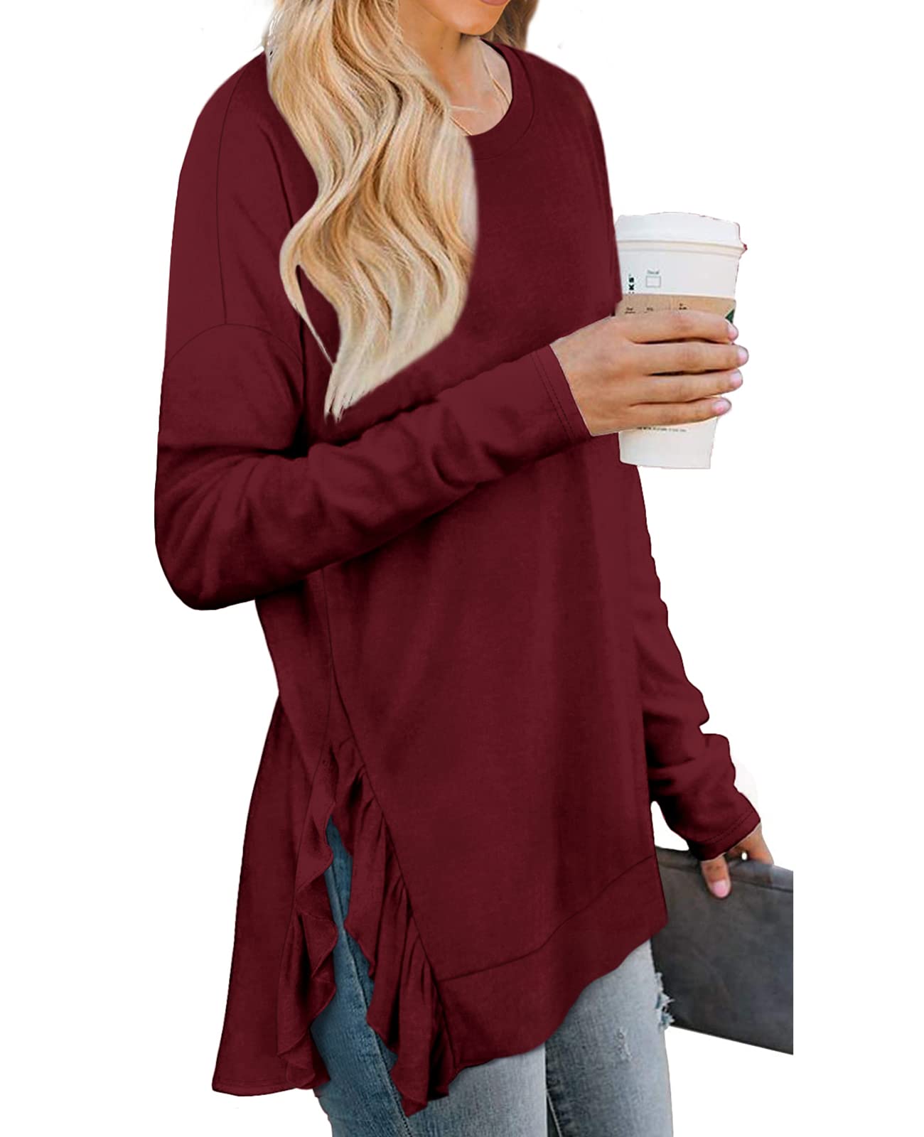 OFEEFAN Women's Long Sleeve Tunic Top with Side Split - Comfortable Crewneck Blouse for Fall & Winter | Casual Office Wear, Layering Piece, Everyday Outfit