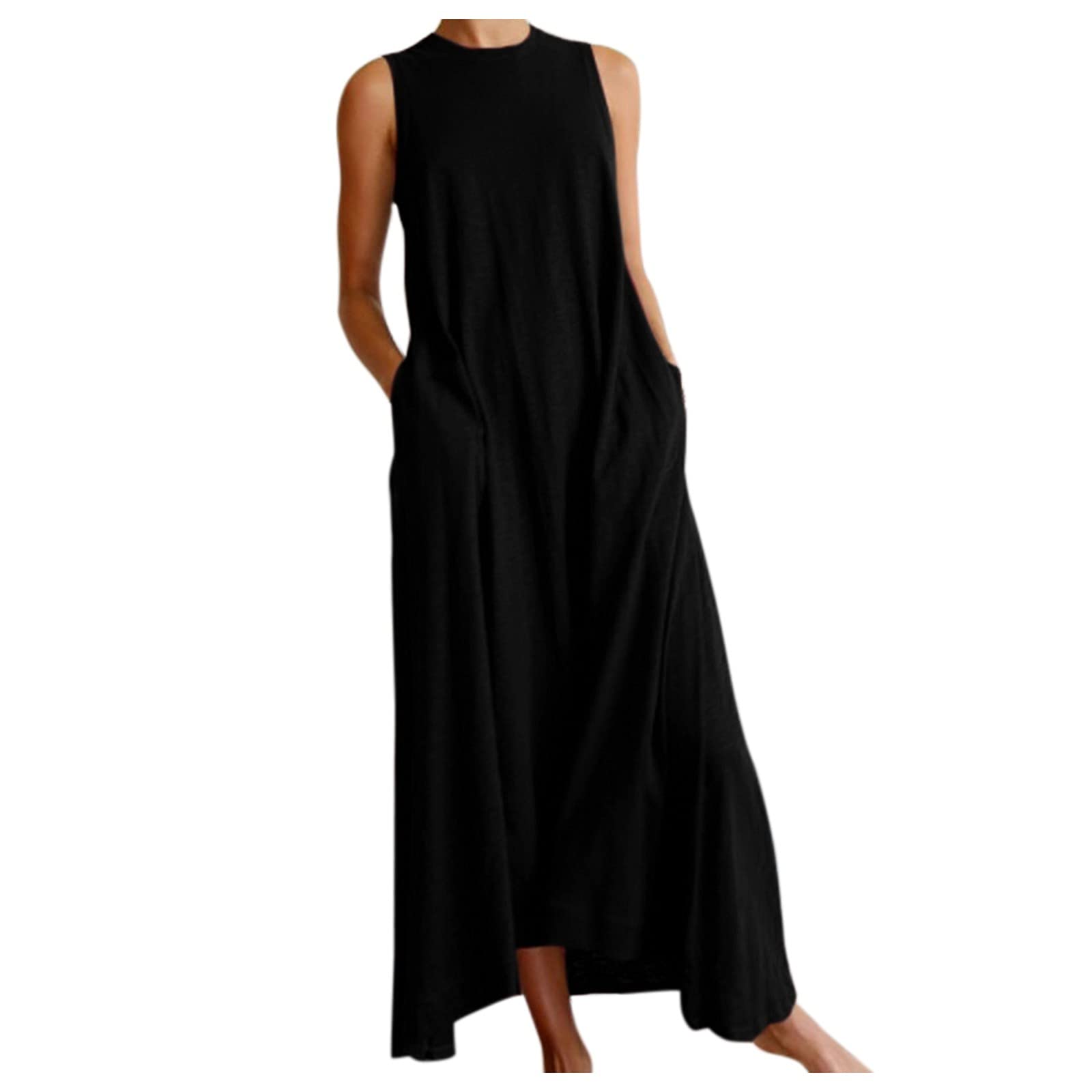 Fashsgirl Women's Summer Sleeveless Casual Maxi Dress - Solid Color Round Neck Loose Vest Dress with Pockets | Perfect for Beach Vacation, Outdoor Picnic & Summer Parties