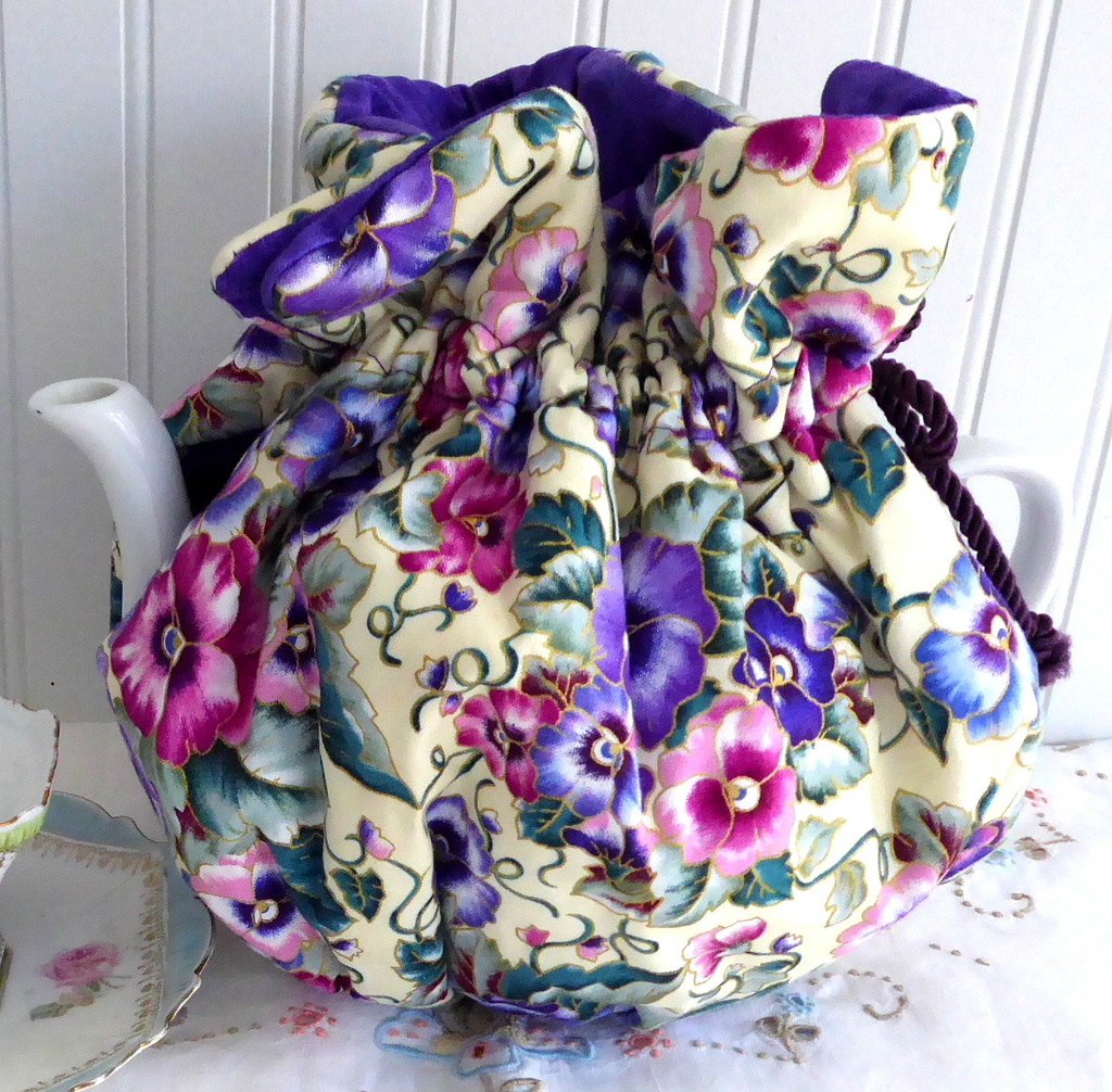 Handmade USA Pansies Tea Cozy - Padded Pink, Blue, Lavender with Gold & Purple Lining - Perfect for Afternoon Tea, Gifts & Kitchen Decor