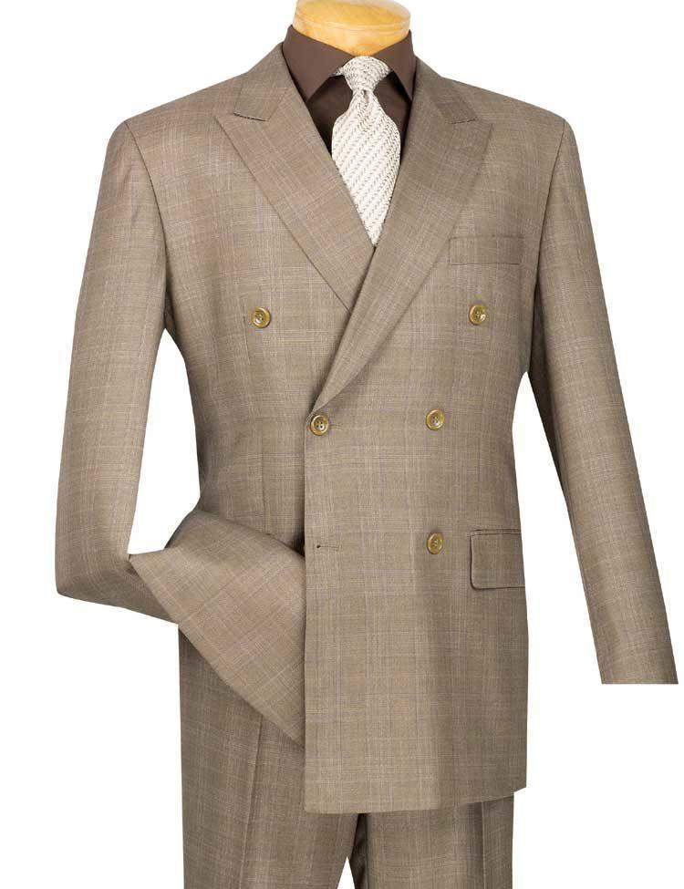 Executive Double Breasted Regular Fit Glen Plaid Suit for Men - Tan Color | Business Formal Attire, Office Wear & Special Occasions