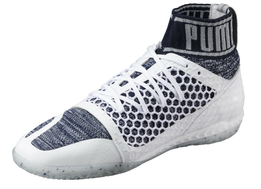 PUMA 365 evoKNIT NETFIT CT Indoor Soccer Shoes for Men - Lightweight Breathable Football Cleats in White Peacoat Quarry - Perfect for Indoor Training & Futsal Matches