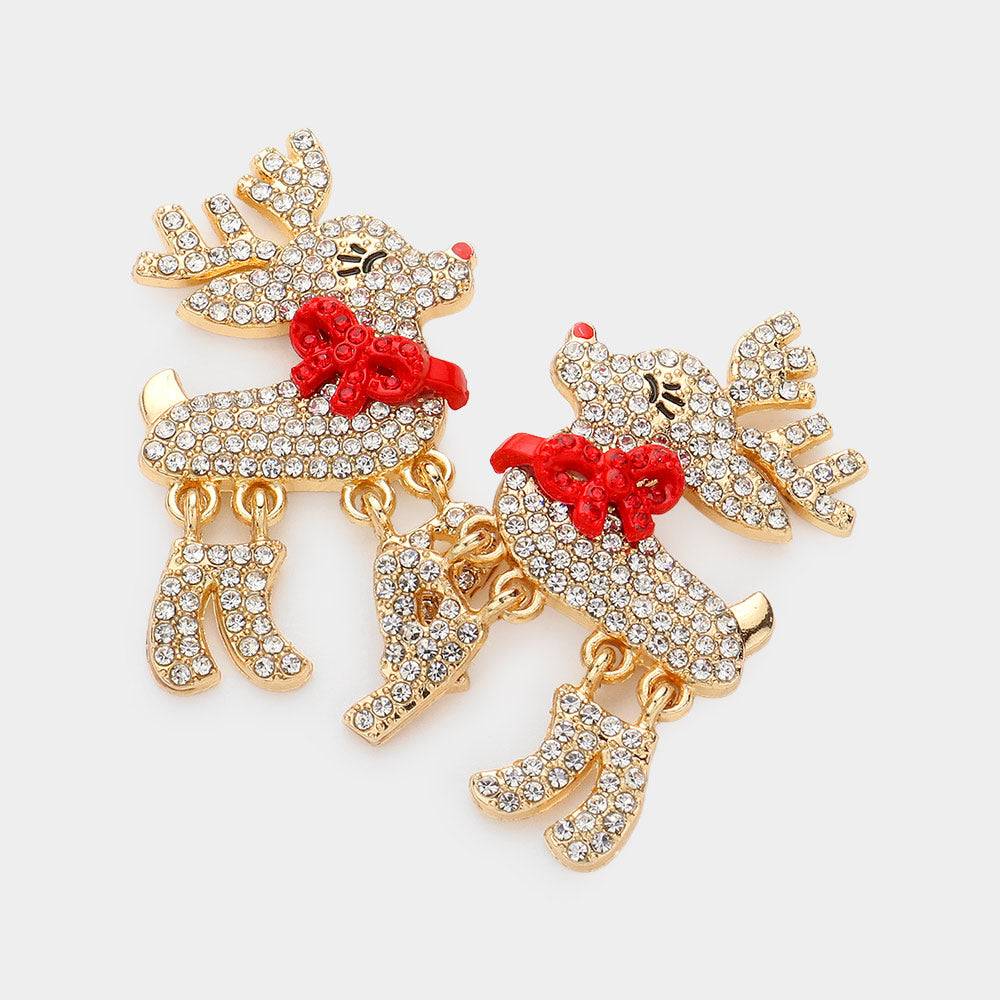Sparkling Rhinestone Bow Gold Rudolph Dangle Earrings for Christmas Party, Holiday Gifts & Festive Jewelry Accessories