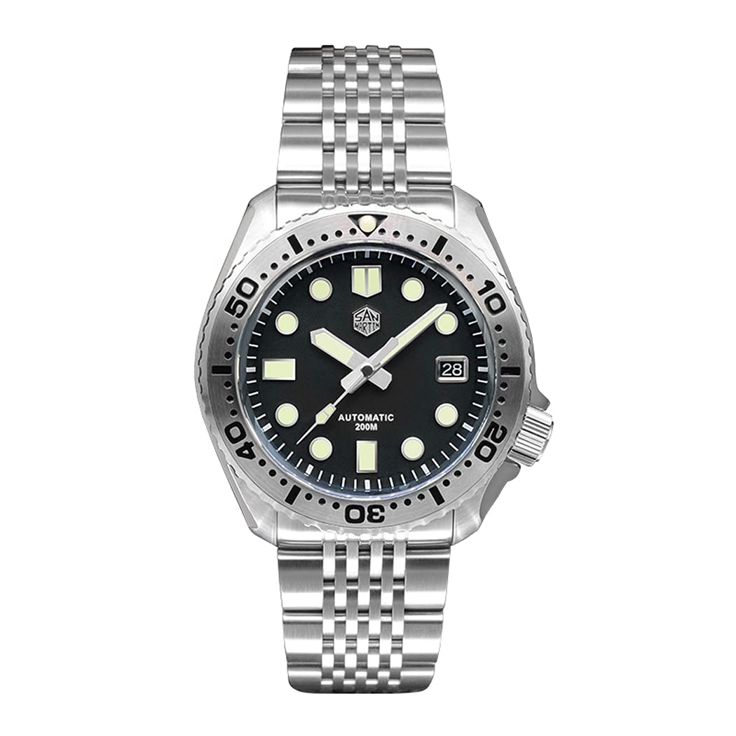 San Martin Men's Automatic Diver Watch - 200M Waterproof Luxury Mechanical Wristwatch with C3 Luminous, Sapphire Crystal & Steel Strap - Perfect for Scuba Diving, Water Sports & Professional Use