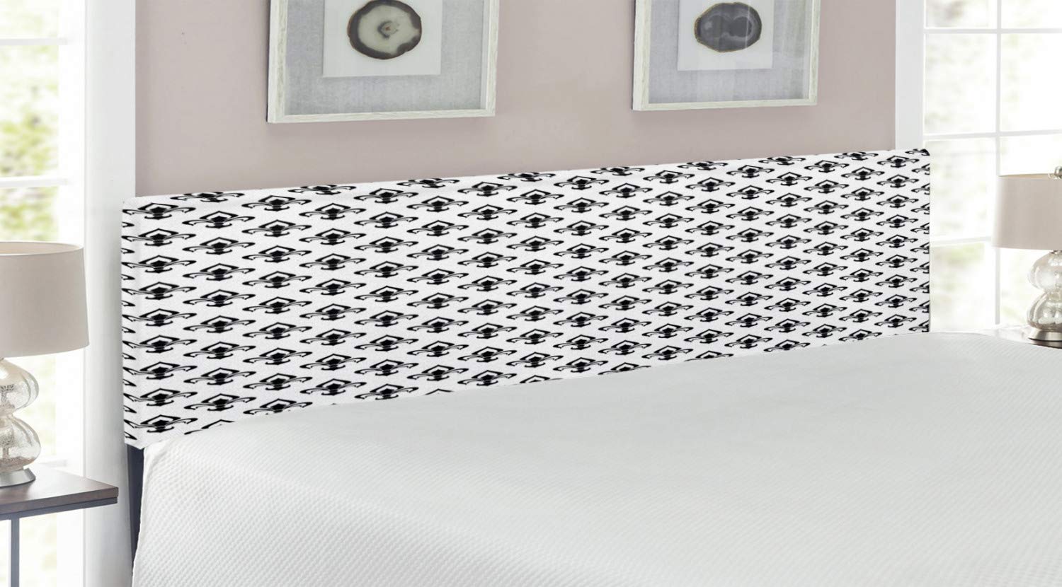 Ambesonne Fleur De Lis Upholstered Headboard - King Size Baroque Style with Memory Foam, Black & White Abstract Flower Pattern - Perfect for Master Bedroom & Guest Room Decor