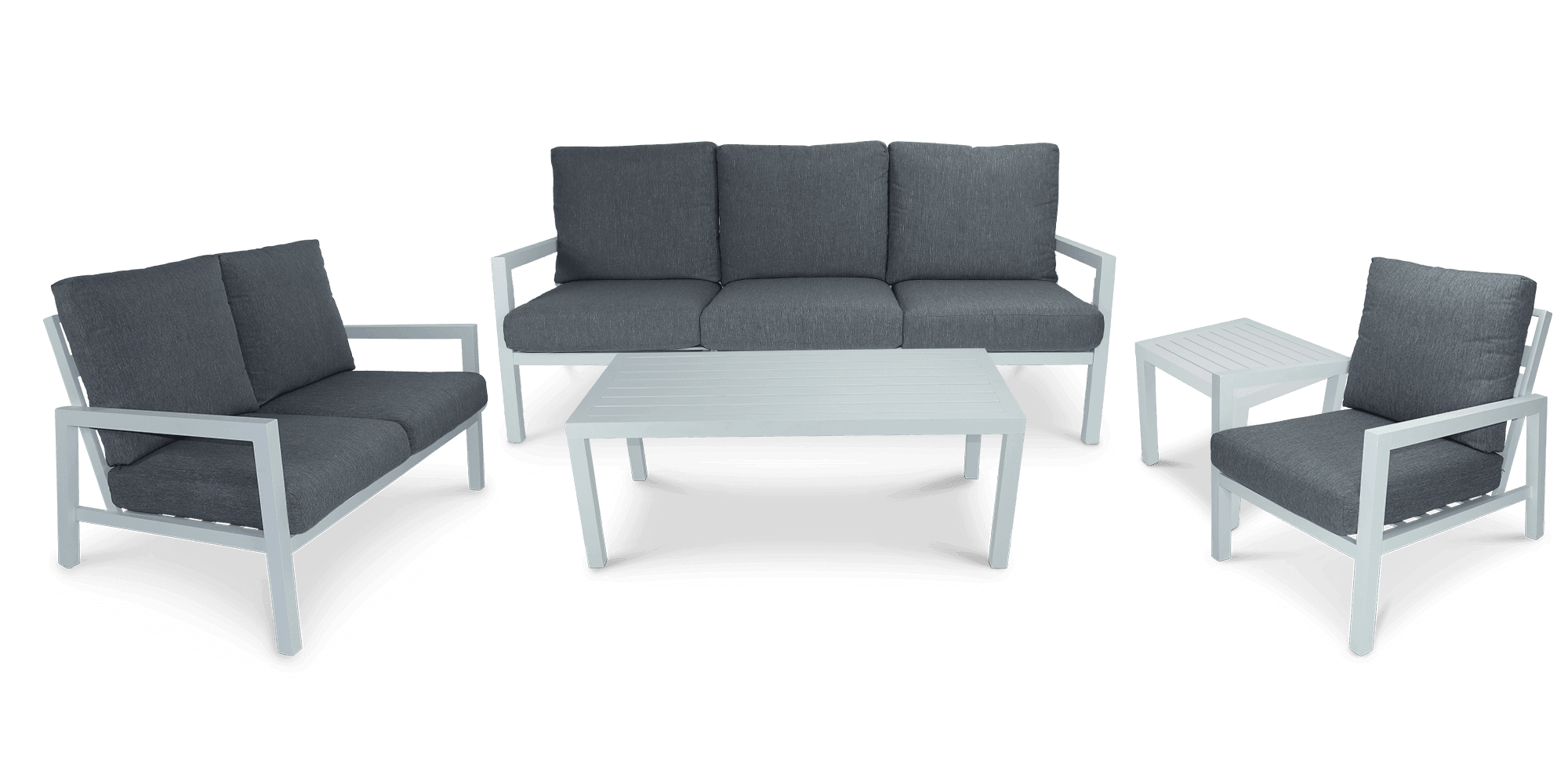 San Sebastian 5-Piece Outdoor Patio Furniture Set - Arctic White Aluminum Frame with Platinum Olefin Cushions - Perfect for Poolside, Garden, or Backyard Relaxation