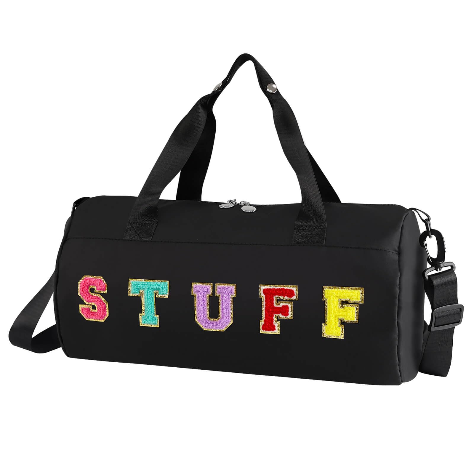 **Chenille Letter Stuff Tote Bag 16 Inch - Small Gym Duffle Bag for Travel, Dance, Sports, Workout & Camping | Carry-On Cheer & Ballet Overnight Weekender Bag | Birthday Gifts for Girls, Kids, Teens & Women - Black | Perfect for School, Gym & Weekend Getaways**