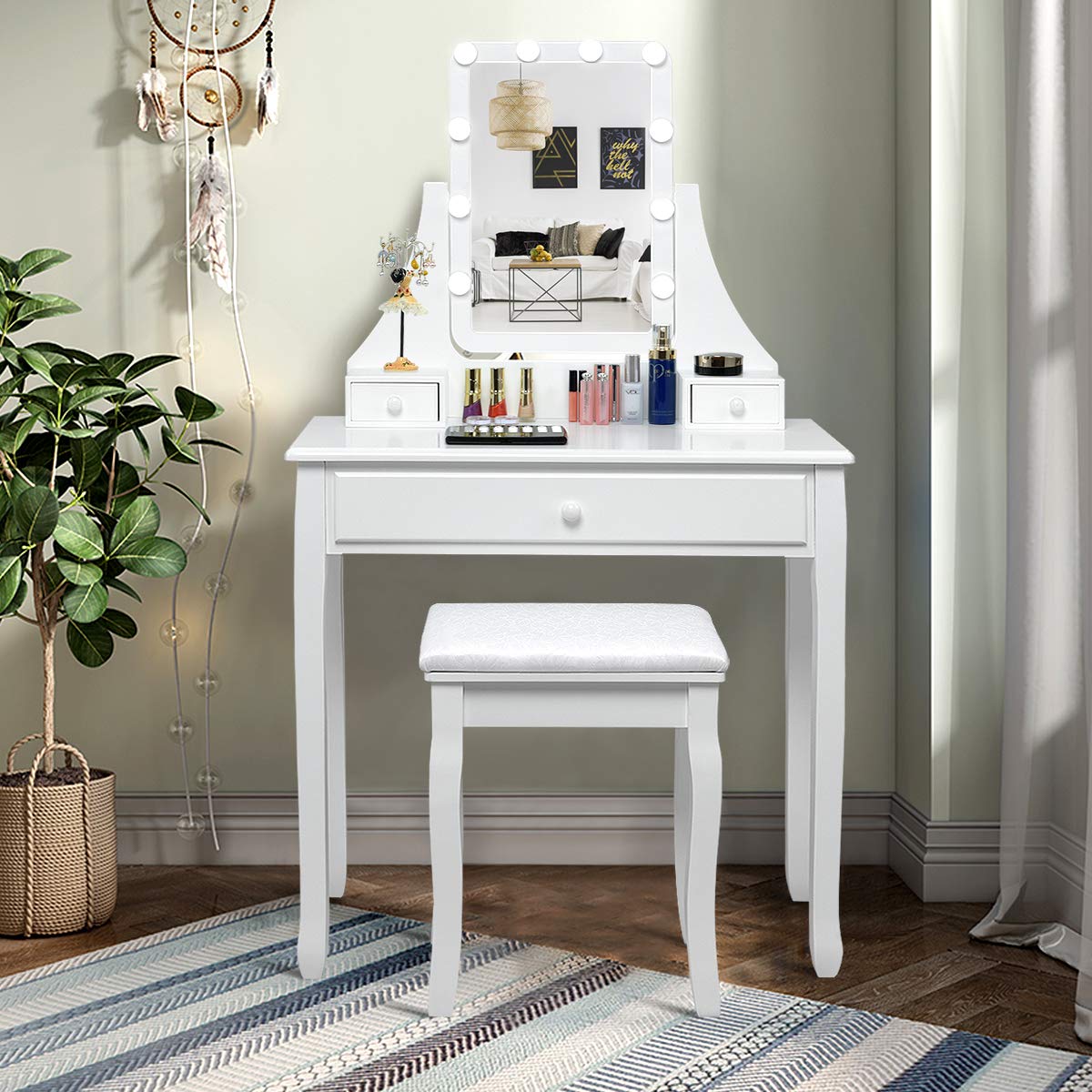 Charmaid Vanity Set with LED Lighted Mirror - 10 Dimmable Bulbs, 3 Drawers & 2 Dividers - Modern Makeup Dressing Table with Stool for Women & Girls (White) | Perfect for Bedroom, Dorm Room & Beauty Salon