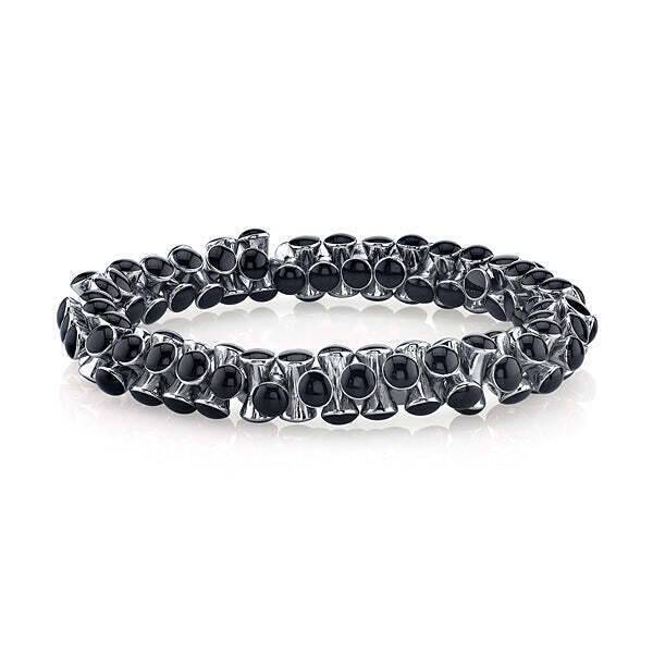 1928 Jet Black Enamel Beaded Stretch Bracelet for Women - Elegant Adjustable Fashion Jewelry for Parties, Weddings & Everyday Wear