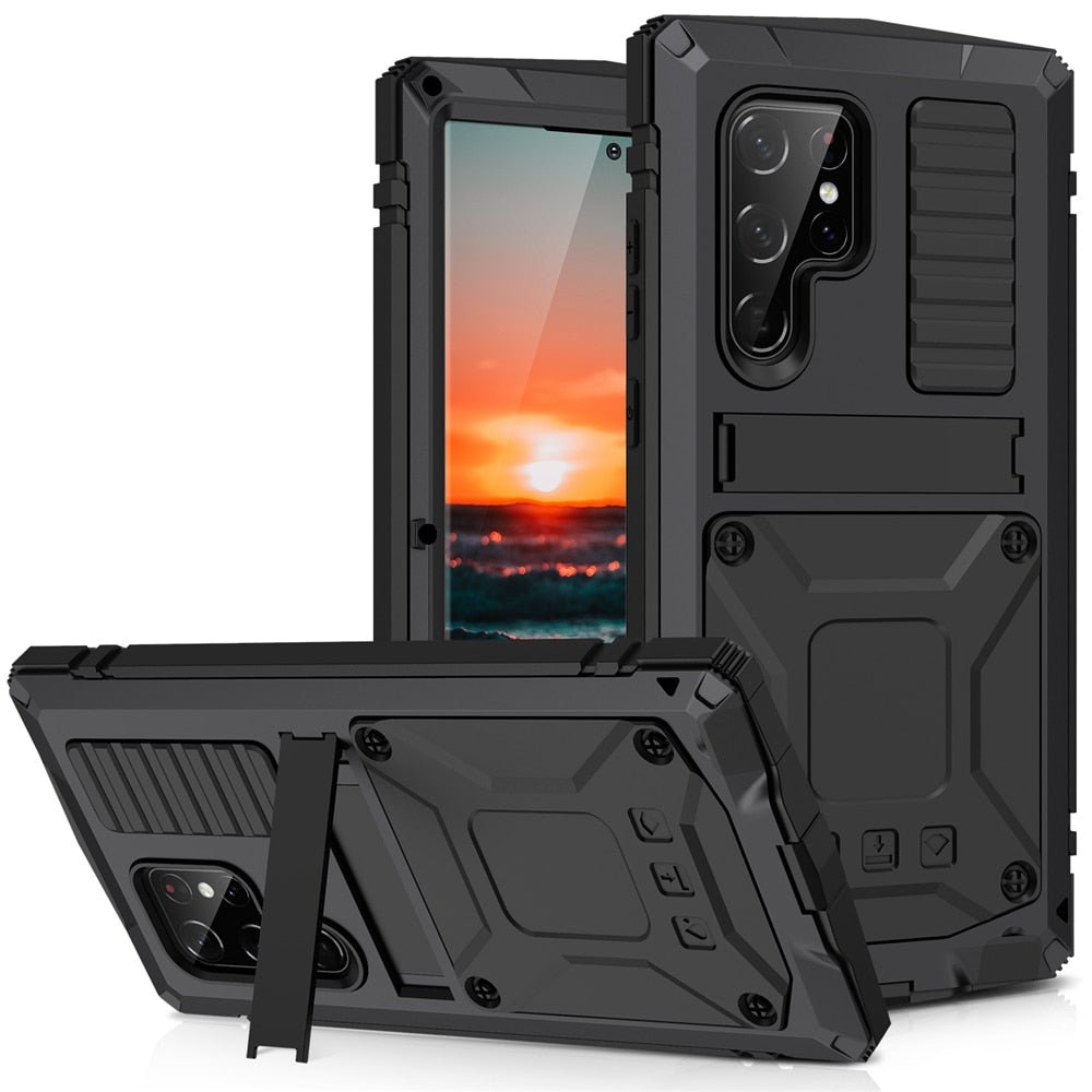 Samsung Galaxy S22 Ultra Aluminum Metal Case with Kickstand - Shockproof Gorilla Glass Protection for Work, Travel & Outdoor Activities