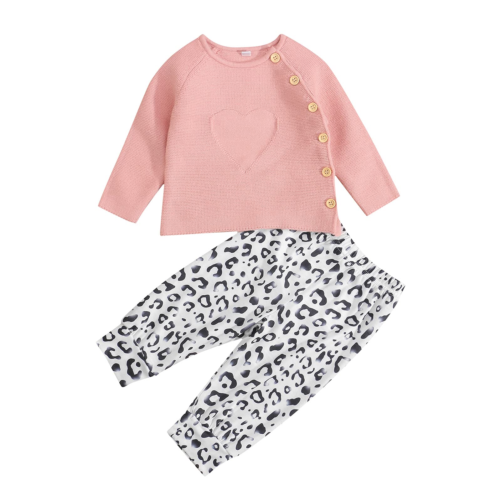 Newborn Baby Girl Outfits - Long Sleeve Heart Sweater & Leopard Print Pants 2-Piece Set for Autumn Winter | Cute Infant Clothes for Photo Shoots, Family Gatherings & Holiday Dressing