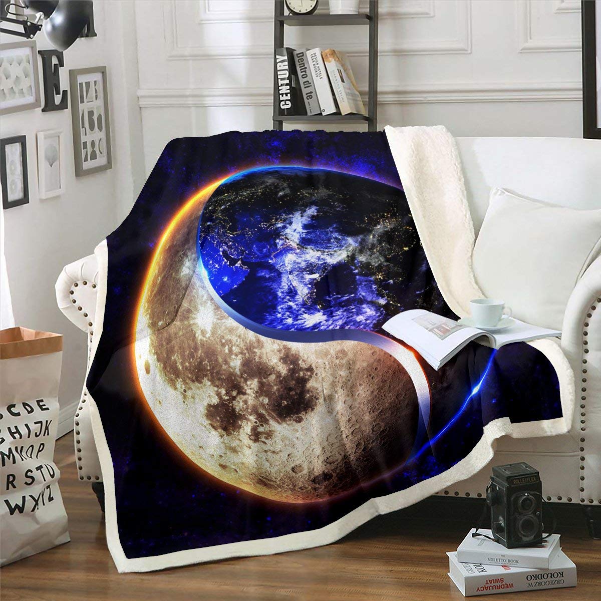 Galaxy Fleece Throw Blanket - Yin Yang Sherpa Blanket for Kids & Adults - Outer Space Plush Blanket 60x80 Inches - Perfect for Sofa, Bed, Couch & Dorm Room - Cozy Twin Size Fuzzy Blanket for Winter Nights & Movie Time