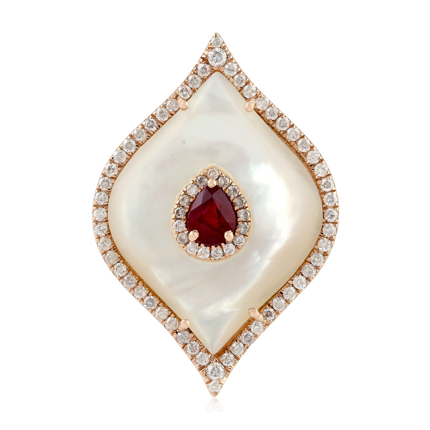 18K Rose Gold Marquise Cut Mother of Pearl & Pear Cut Ruby Pave Diamond Ring - Elegant Statement Jewelry for Weddings, Anniversaries, and Special Occasions