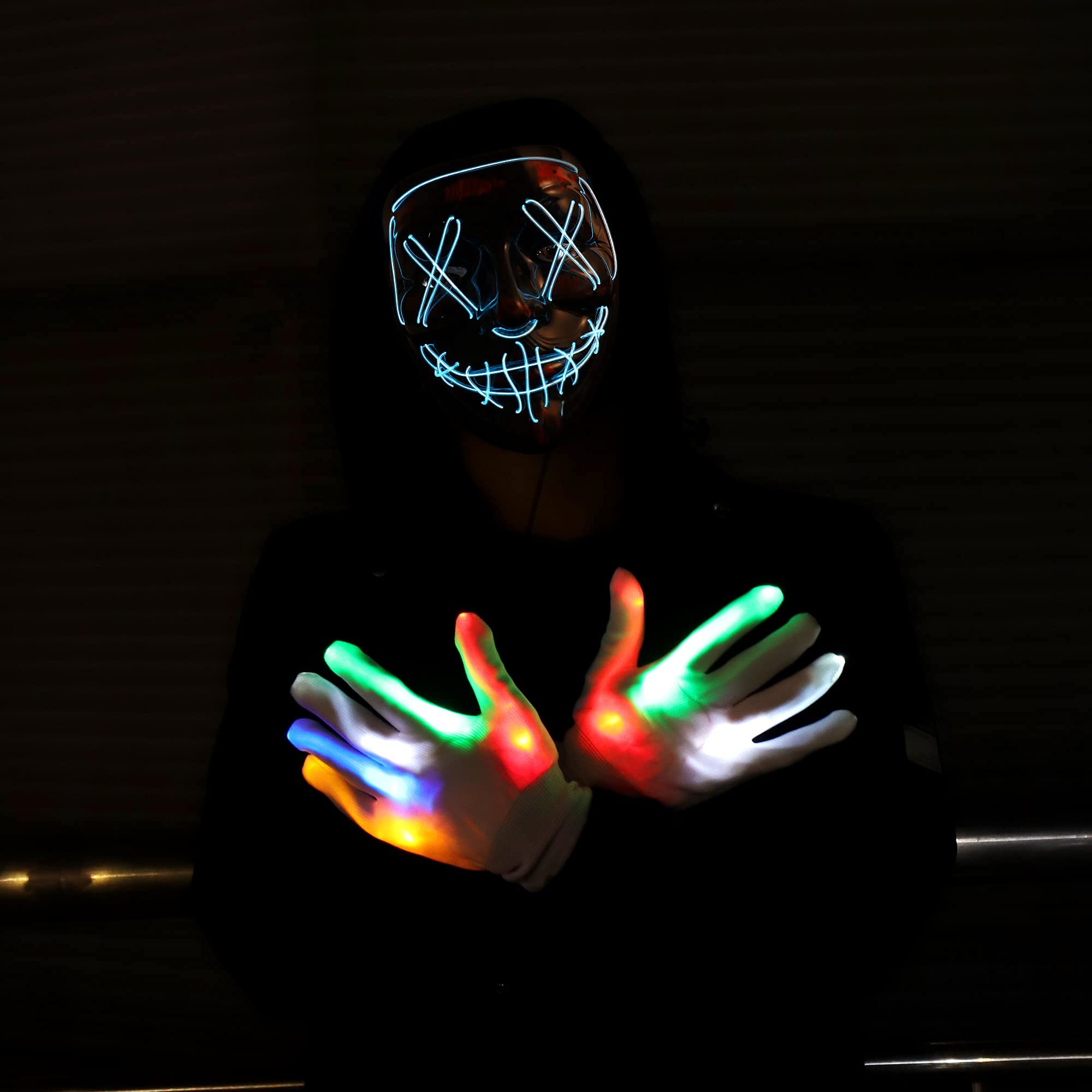 Scary Halloween LED Mask with Light Up Gloves - 3 Lighting Modes for Cosplay, Dance Costumes & Party Supplies | Perfect for Halloween Festivals, Night Parties & Themed Events