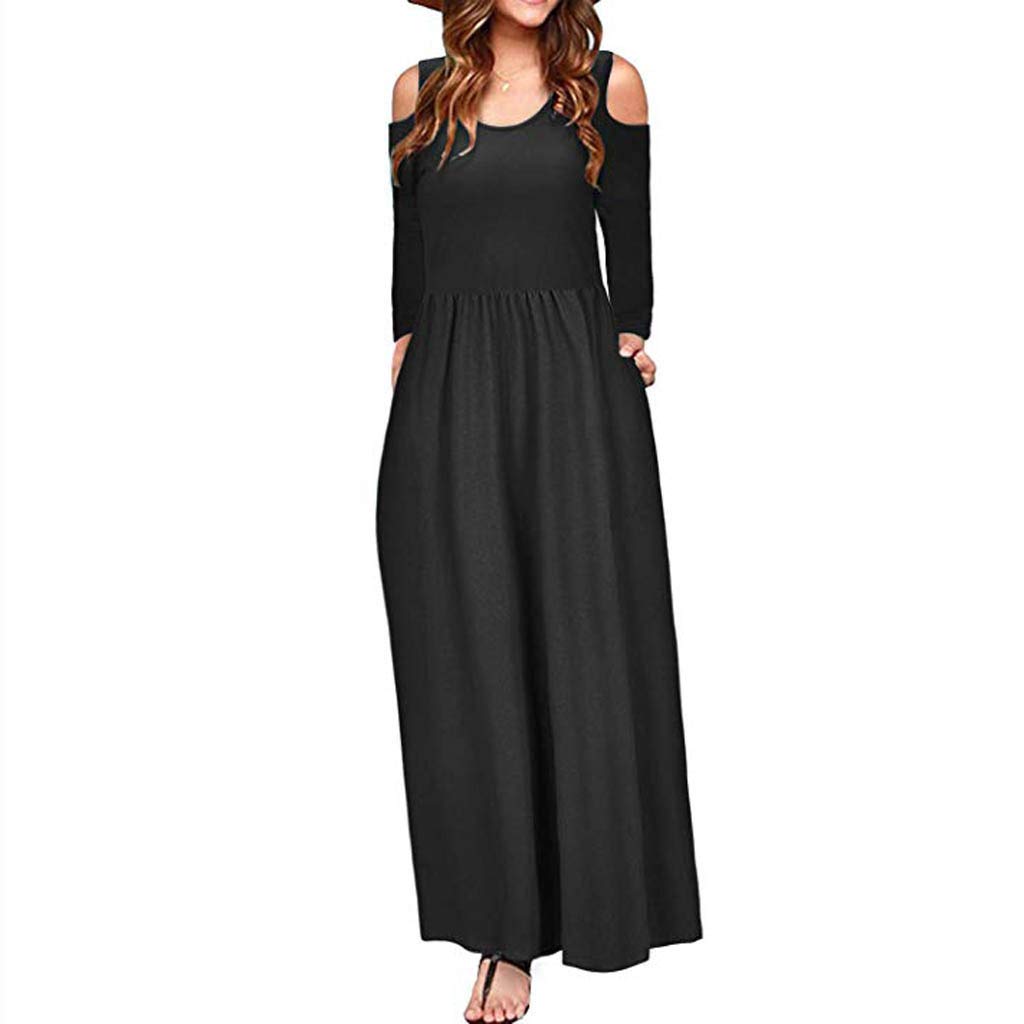 Elegant Long Sleeve Maxi Dresses for Women - Cold Shoulder Solid Summer Casual Dress with Pockets | Perfect for Beach Vacations, Date Nights & Outdoor Events