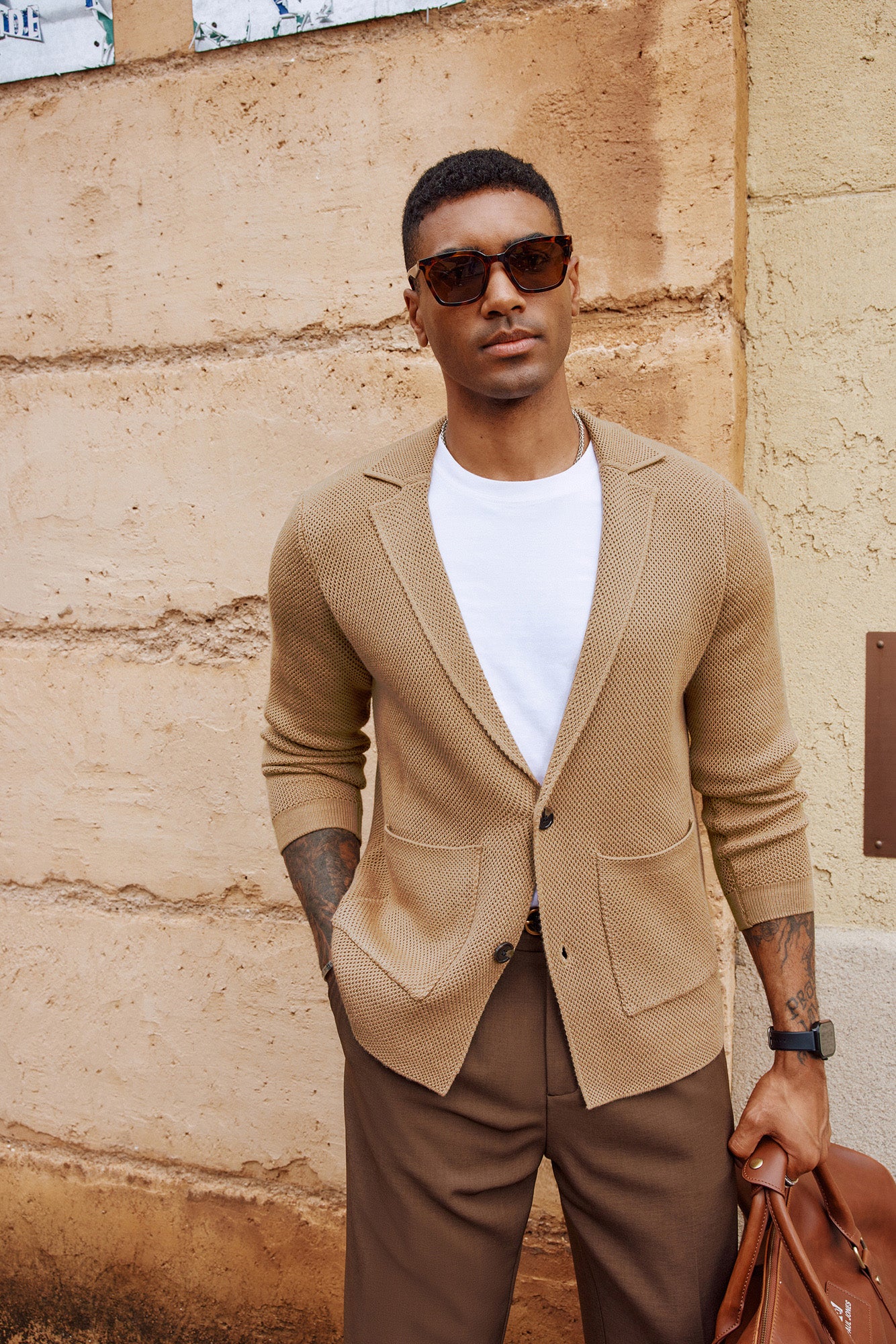 Men's Textured Knit Notch Collar Cardigan Sweater with Pockets - Button Down Blazer Style for Casual Office Wear & Autumn Layering