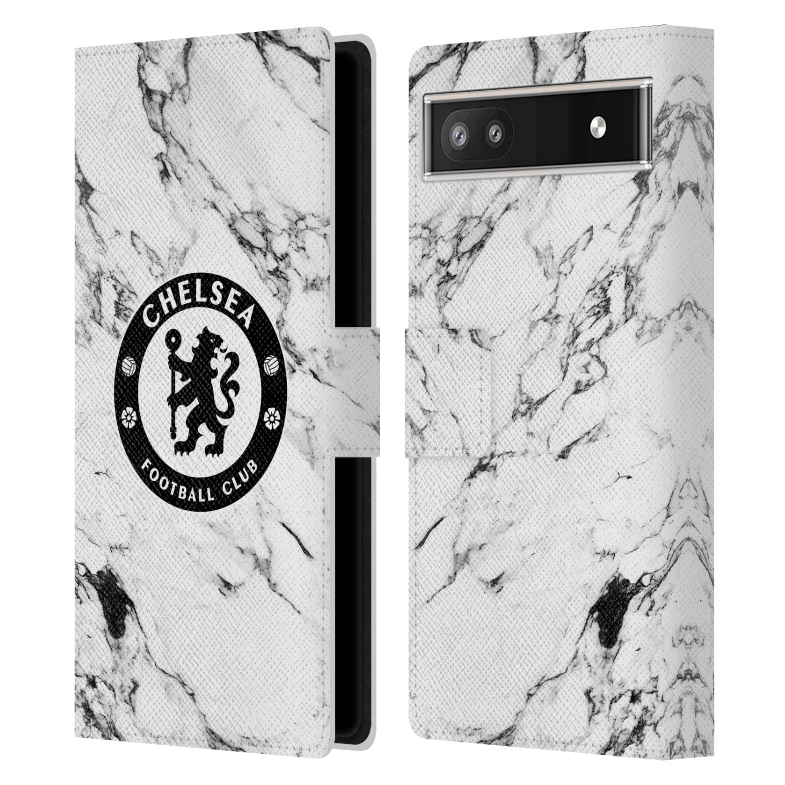 Head Case Designs Chelsea FC White Marble Leather Book Flip Case Cover for Google Pixel 6a - Perfect for Fans & Daily Protection