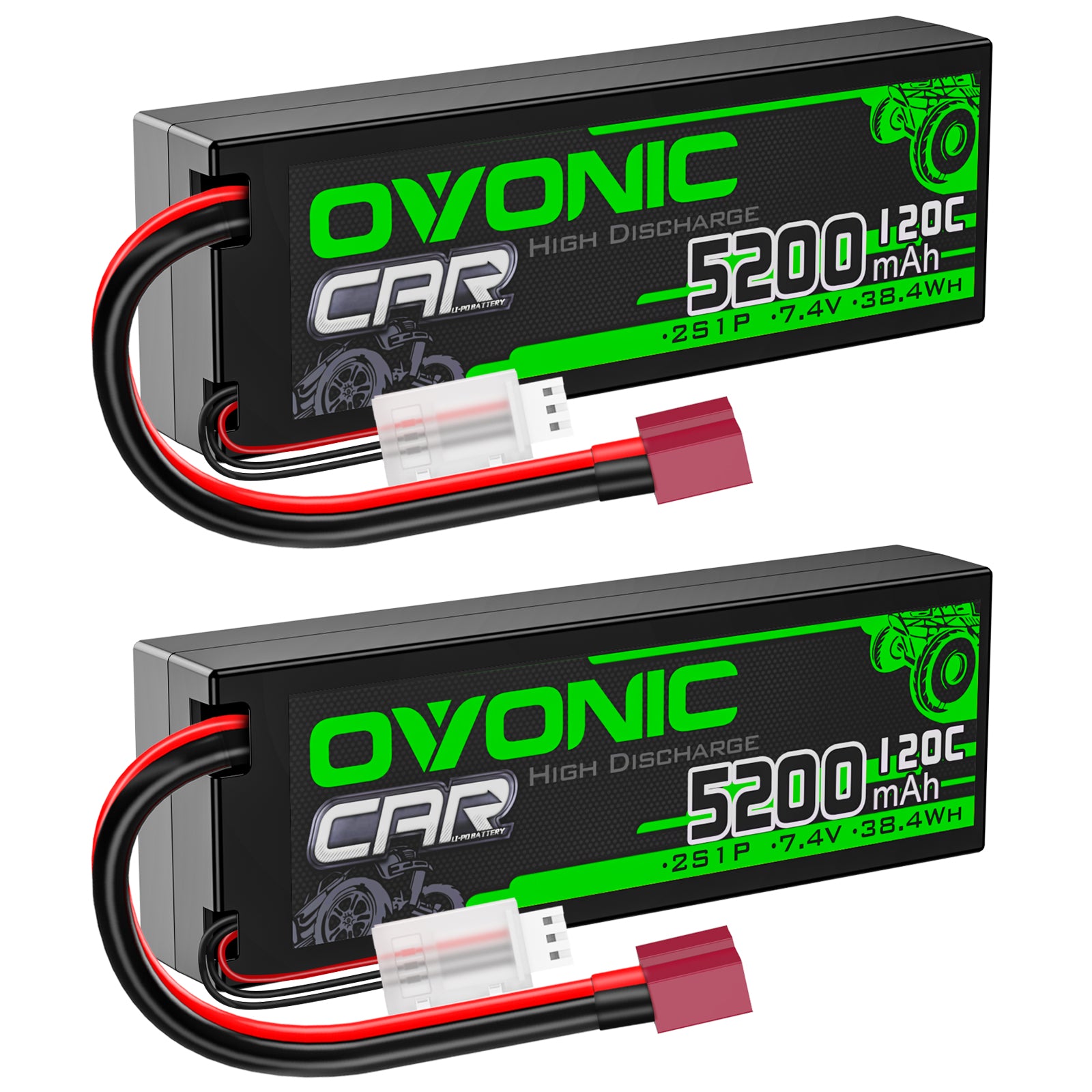 Ovonic 2S 120C 5200mAh 7.4V LiPo Battery Pack with Deans T Plug - 2 Pack for 1/8 & 1/10 RC Cars, Trucks, Airplanes & Boats - High Performance Power for Racing, Crawling and RC Hobby Enthusiasts