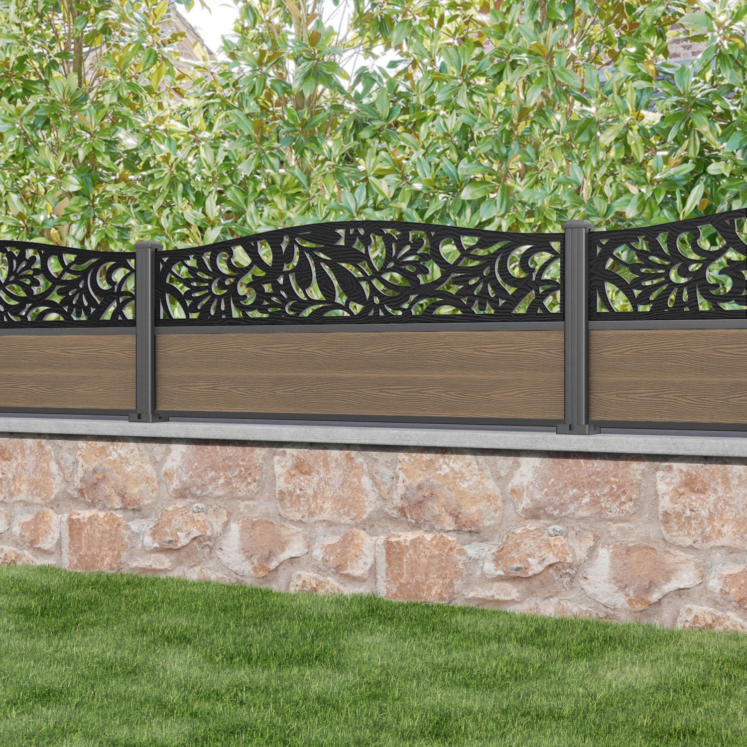 Premium Teak Classic Heritage Curved Top Fence Panel with Aluminum Posts - Elegant Garden & Backyard Privacy Fencing Solution