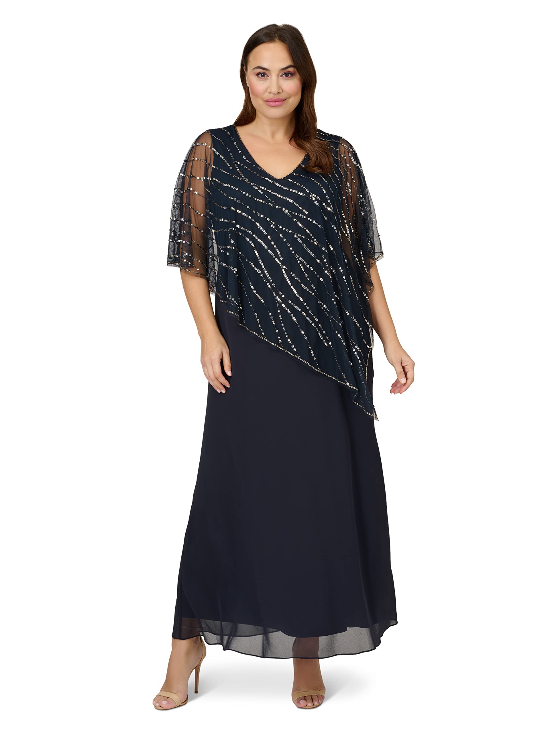 Adrianna Papell Women's Plus Size Beaded Popover Midi Dress for Evening Party, Wedding Guest & Special Occasions