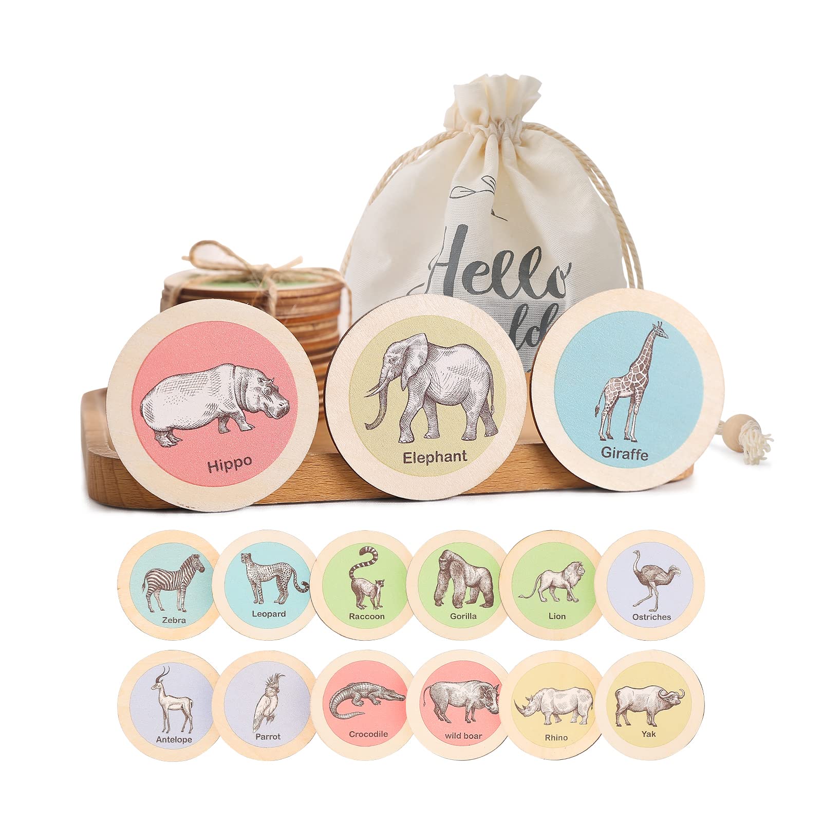 15pc Wooden Animal Flash Cards for Toddlers 2-4 | Montessori Learning Toys for Preschool Kids - Perfect for Home & Classroom Use