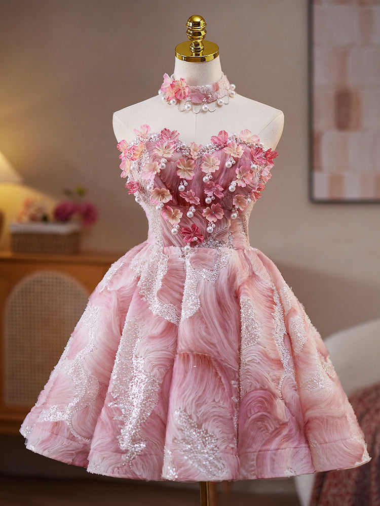 Elegant A-Line Pink Lace Flower Short Prom Dress | Homecoming Party Gown | Perfect for Formal Dances, Graduations & Special Occasions