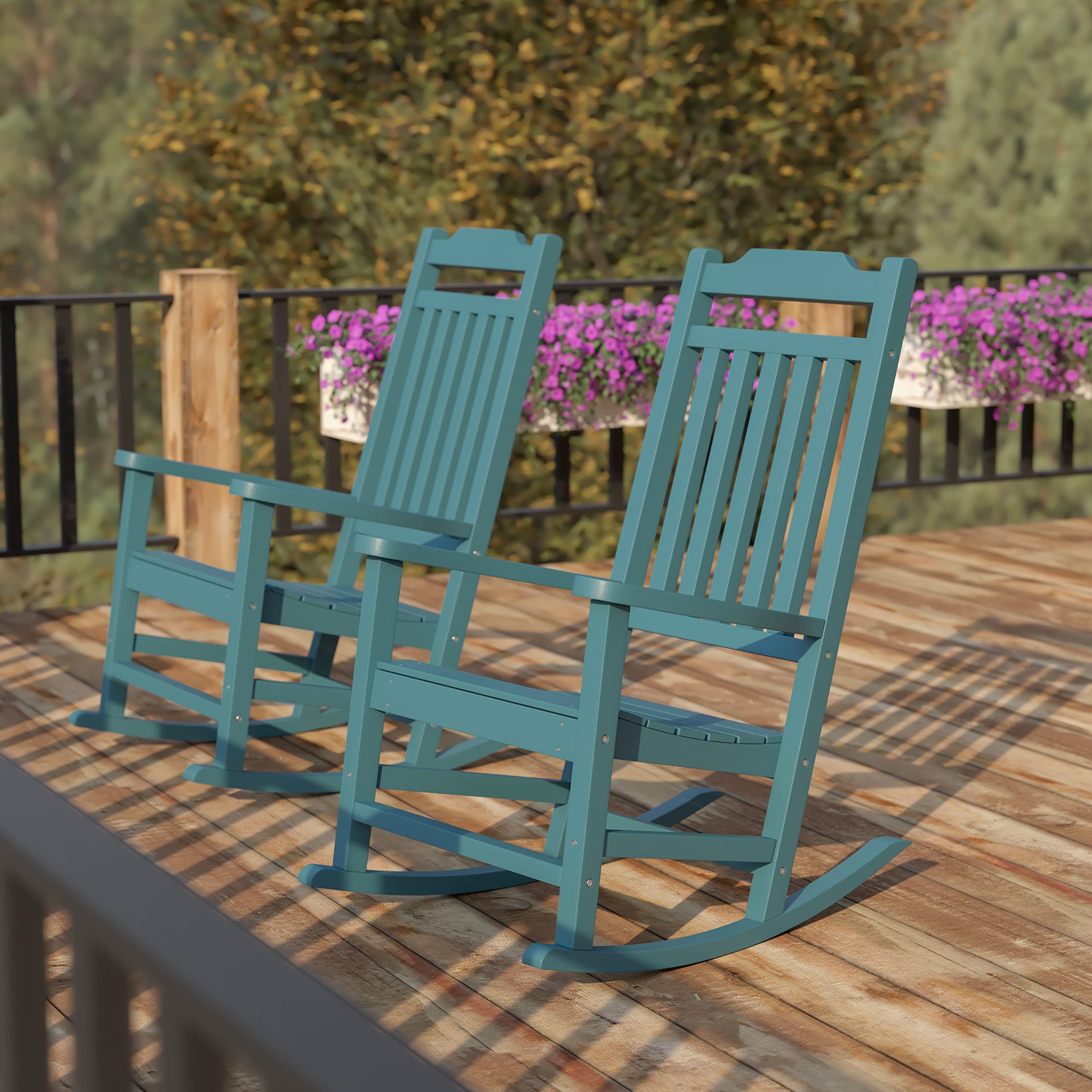 EMMA + OLIVER Set of 2 All-Weather Teal Poly Resin Rocking Chairs - Outdoor Patio Furniture for Garden, Porch & Backyard Relaxation