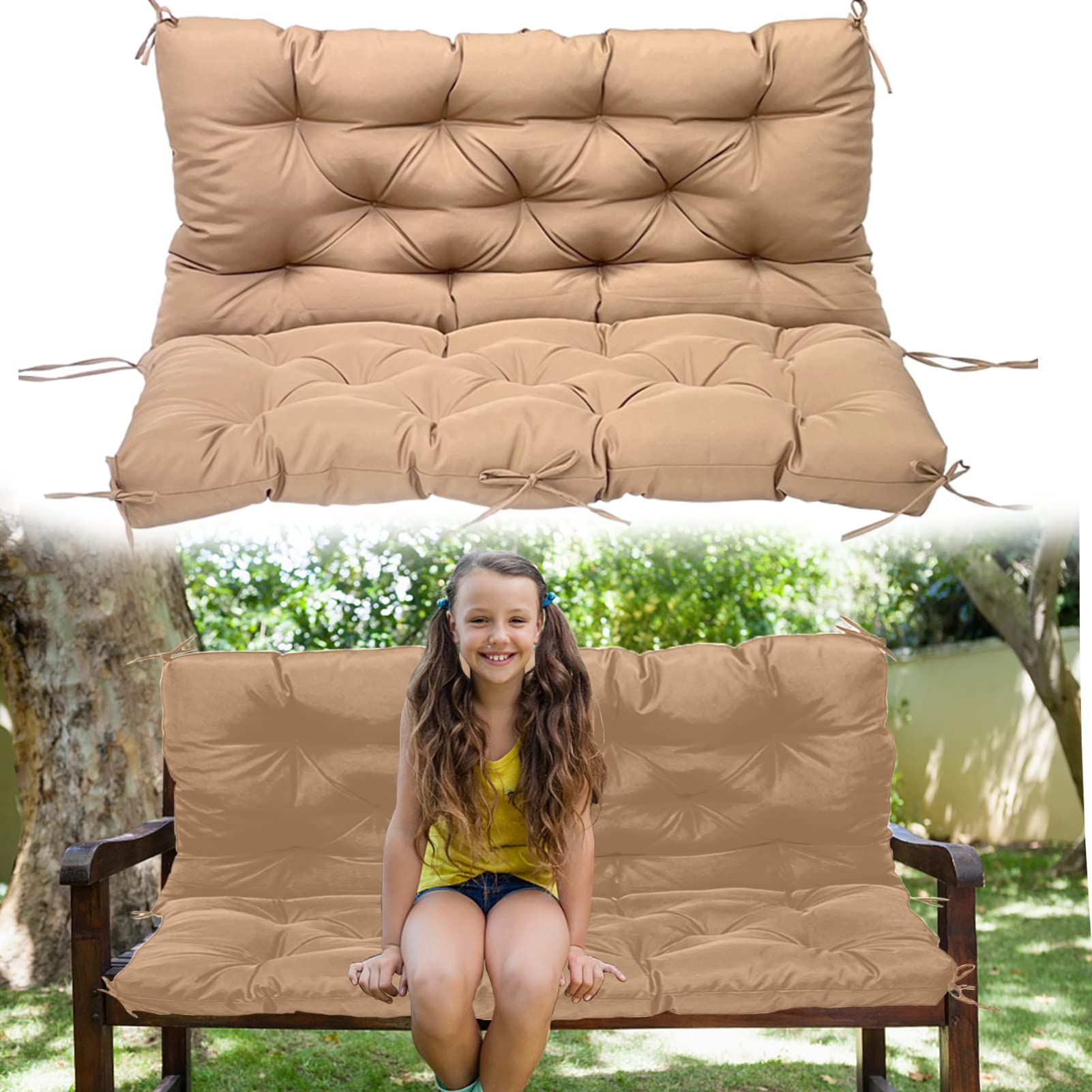 **Outdoor Swing Replacement Seat Pad - 3 Seater Waterproof Non-Slip Bench Cushion with Ties, Overstuffed Loveseat Cushion for Garden, Patio, Deck, or Porch Furniture (60x40in, Khaki) - Perfect for Relaxing Outdoors**