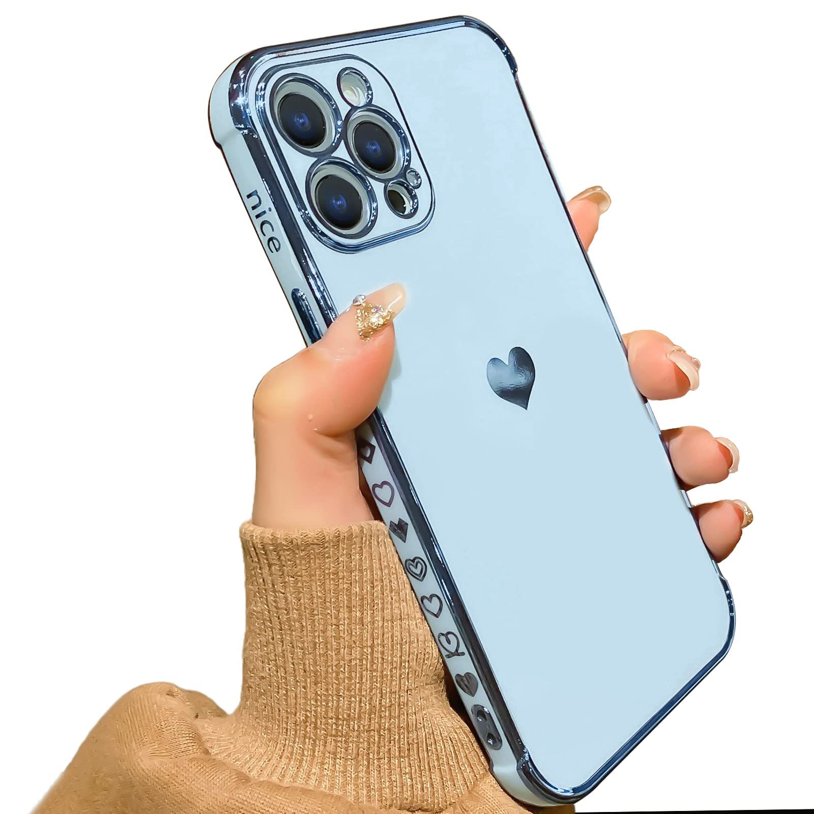 MTBacon iPhone 12 Pro Max Case - Heart Plating Back Cover with Cute Side Patterns, Soft TPU Shockproof & Camera Protection | Electroplated Protective Case for iPhone 12 Pro Max (Sierra Blue) - Perfect for Daily Use, Travel & Outdoor Activities