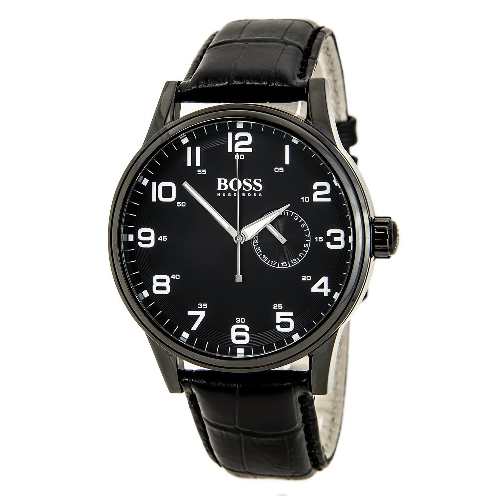 BOSS Black 'Aviator' Round Leather Strap Watch for Men - Stylish Casual & Business Timepiece - Perfect for Office, Dating & Formal Events