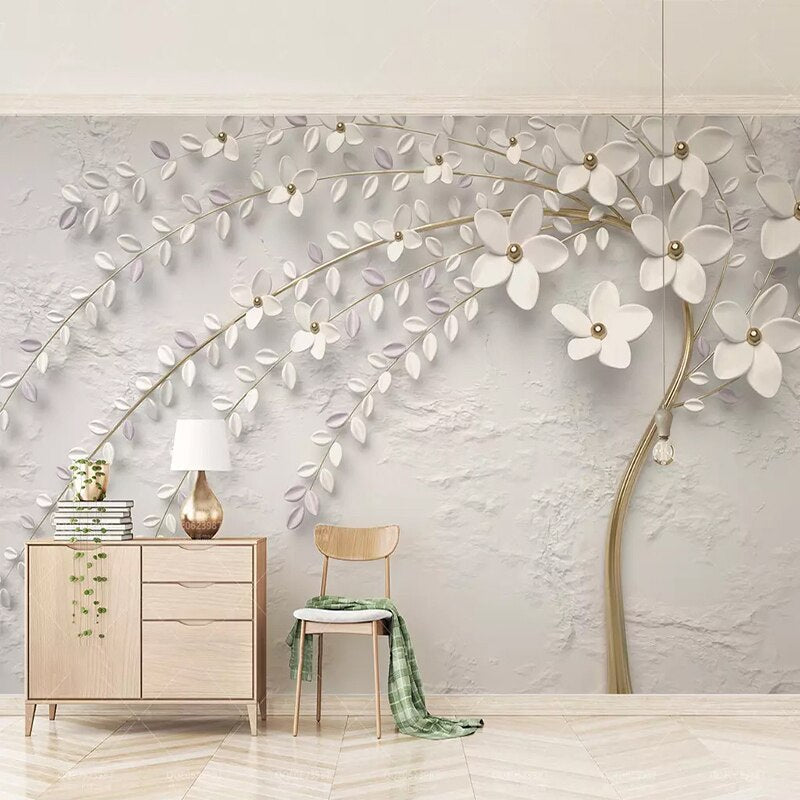 Beautiful White Flower Tree Scenery Wallpaper - Elegant Home Wall Decor for Living Room, Bedroom & Office