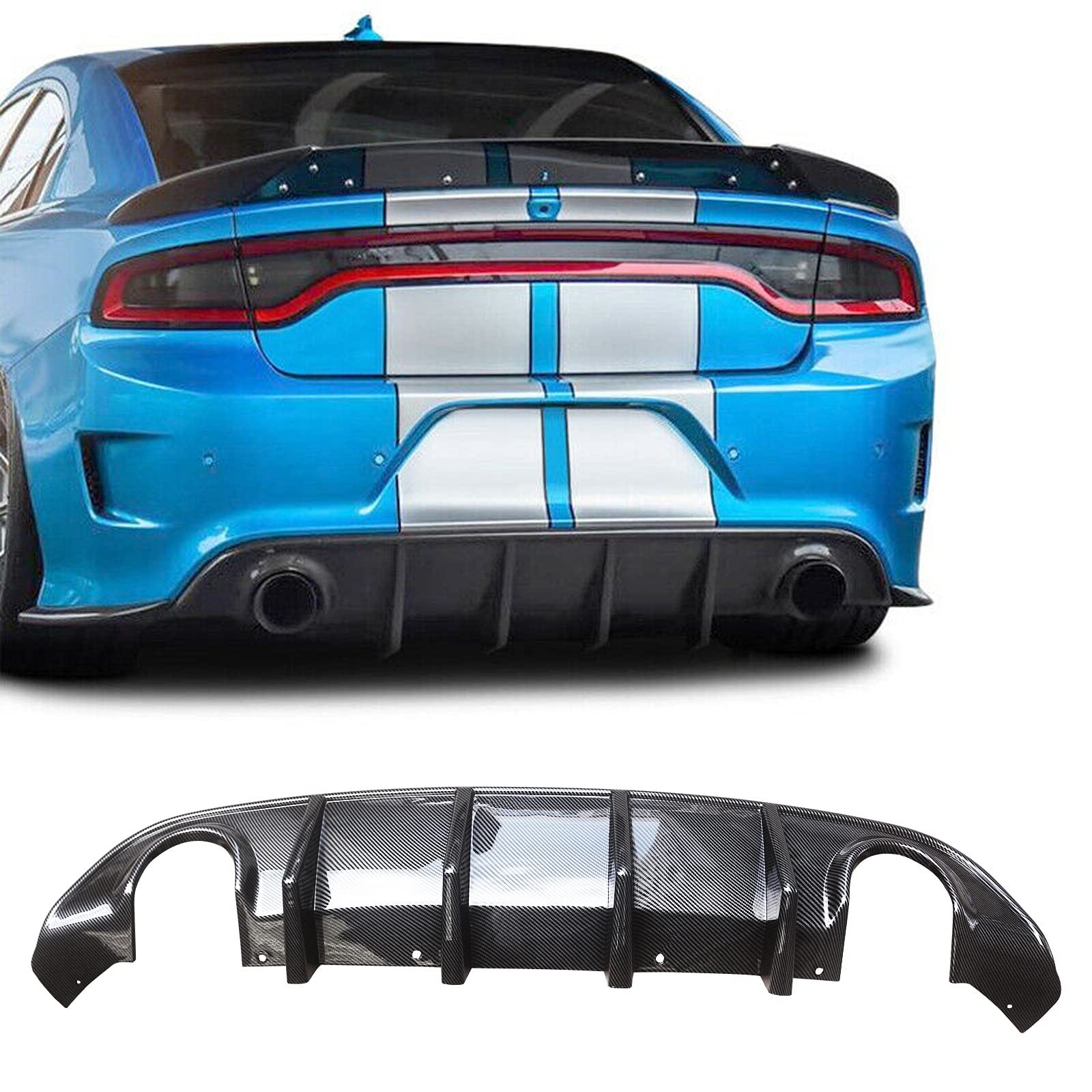 NINTE Carbon Fiber Rear Diffuser for Dodge Charger 2015-2023 SRT/RT Models - Shark Fin Style Lower Bumper Lip (Fits Circle Exhaust Ports Only) | Aggressive Styling Upgrade for Street Racing & Car Shows