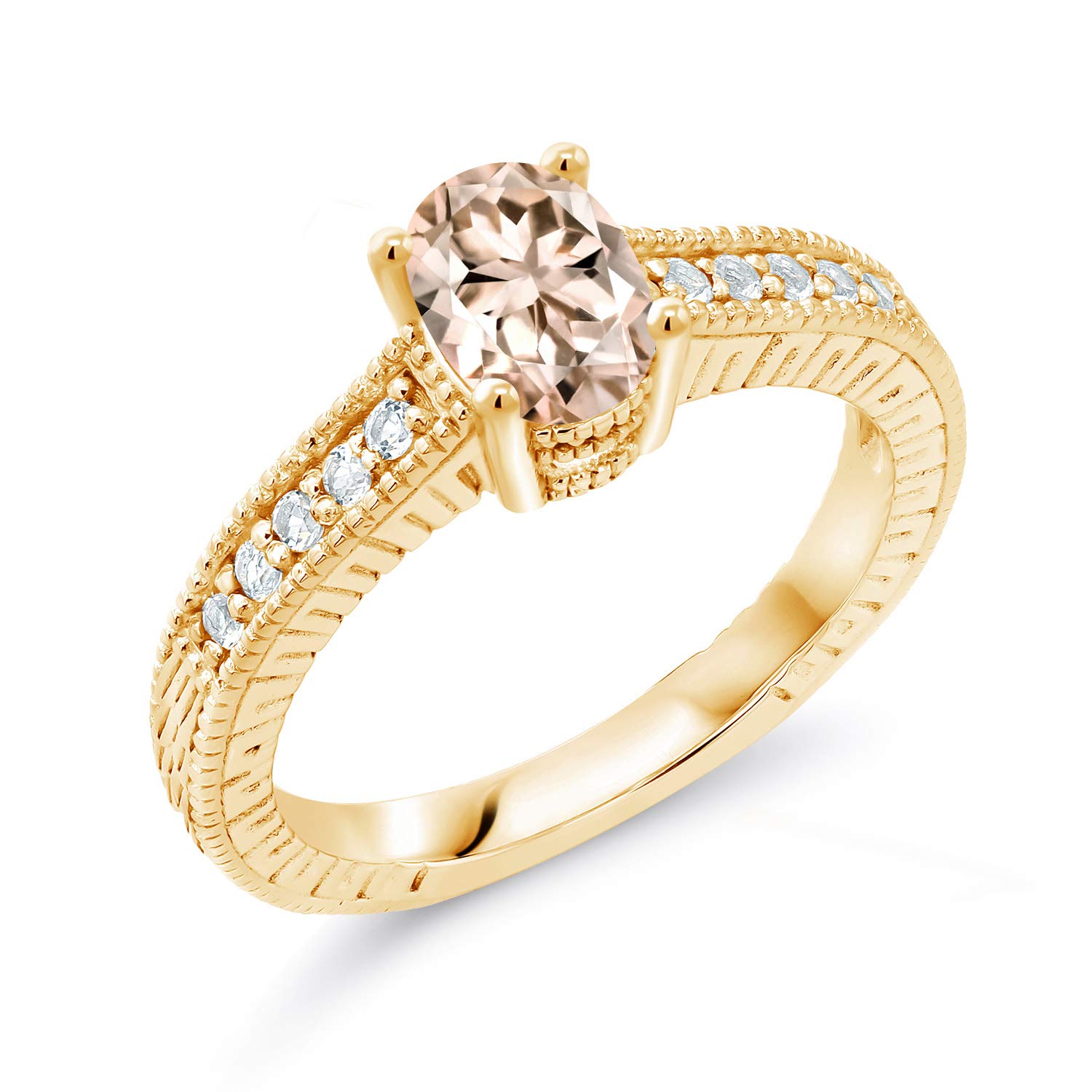 0.85 Ct Oval Peach Morganite & White Topaz Ring - 18K Yellow Gold Plated Sterling Silver - Elegant Jewelry for Weddings, Anniversaries & Special Occasions