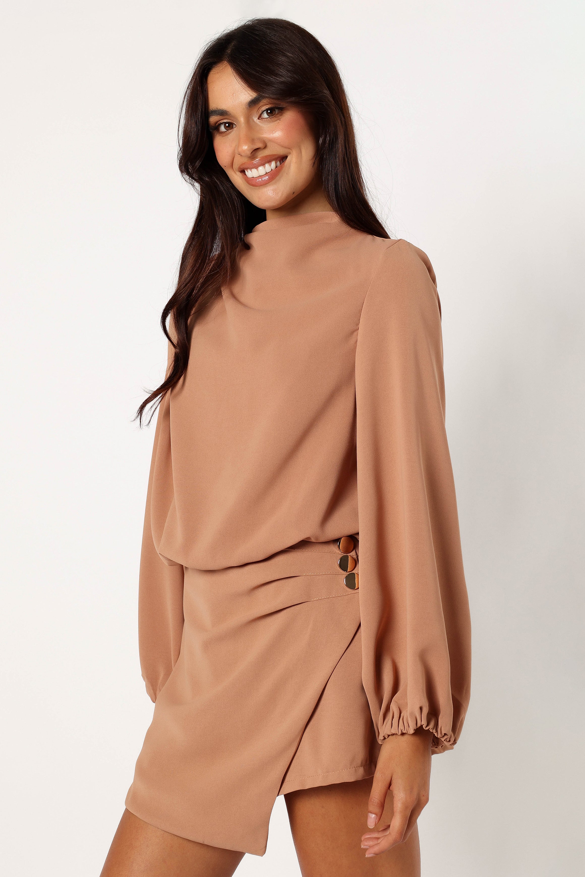 Galen Women's Long Sleeve Romper Jumpsuit - Mocha Brown Casual Outfit for Fall, Date Night & Office Wear