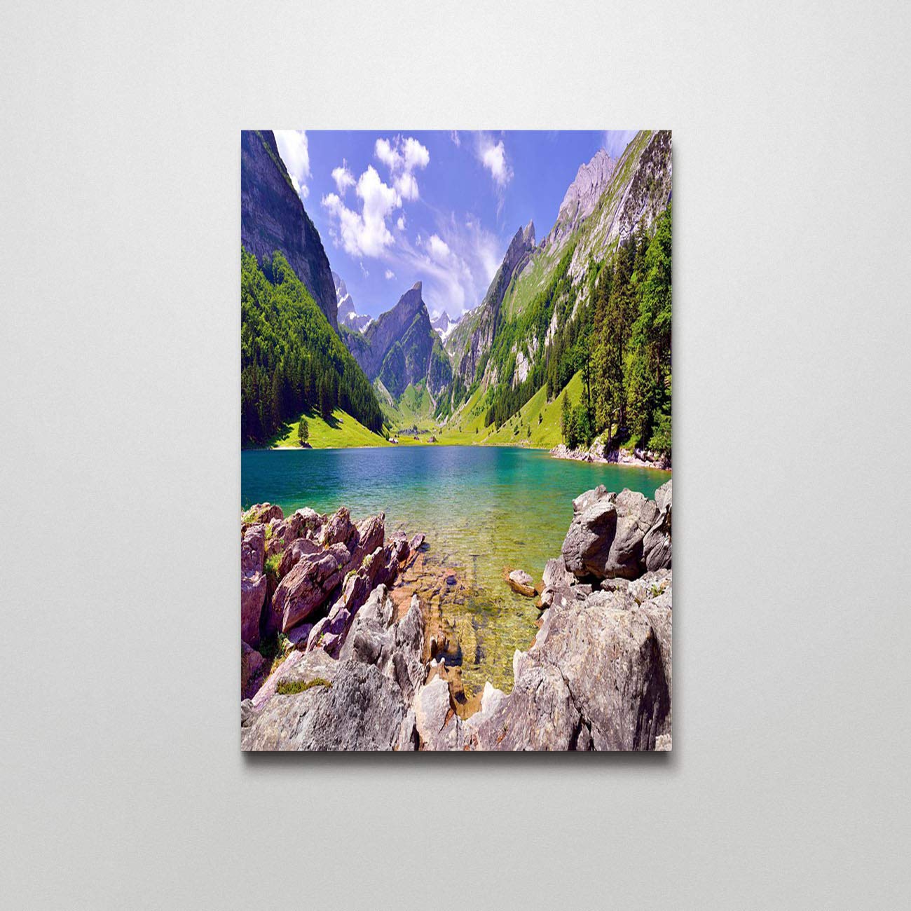 Modern Mountain Lake Switzerland Landscape Canvas Wall Art - 12x16 Inch Home Decor for Living Room, Bedroom & Office