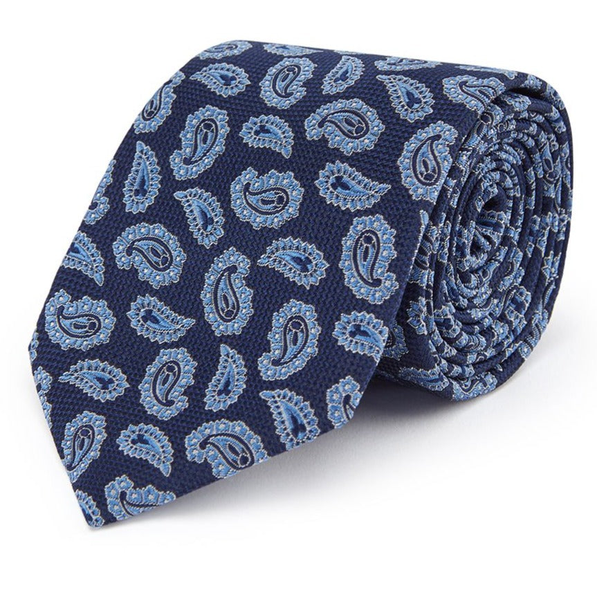 Navy and Blue Paisley Hopsack Woven Silk Tie for Men - Elegant Formal Necktie for Business, Weddings & Special Occasions