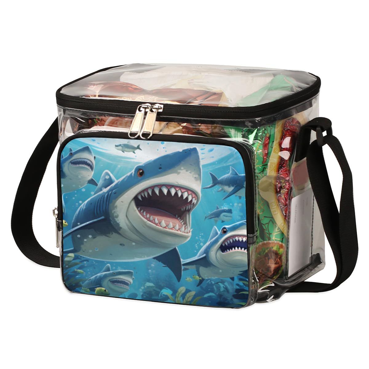 GzLeyigou Clear Shark Tote Bag with Handles - Transparent Crossbody Shoulder Bag for Lunch, Beach, Travel, Picnic, Concerts & Sports Events - Stadium Approved Shark Themed Purse for Women & Teens - Perfect for Outdoor Activities, Theme Parties & Water Park Adventures