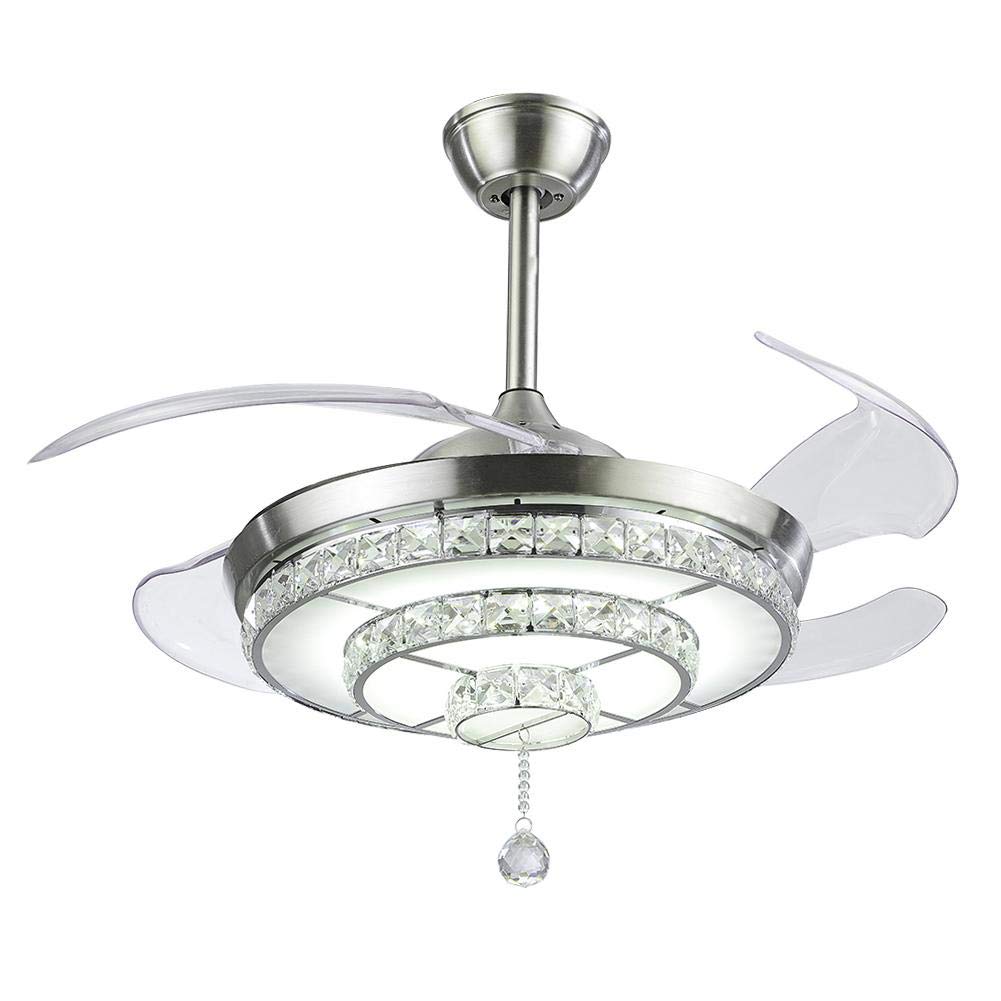 42 Inch Modern Crystal Ceiling Fan with Remote Control - Retractable Crystal Chandelier Fan with Dimmable LED Lights - Perfect for Dining Room, Living Room & Bedroom (Silver) | Energy Efficient Cooling & Elegant Lighting Solution