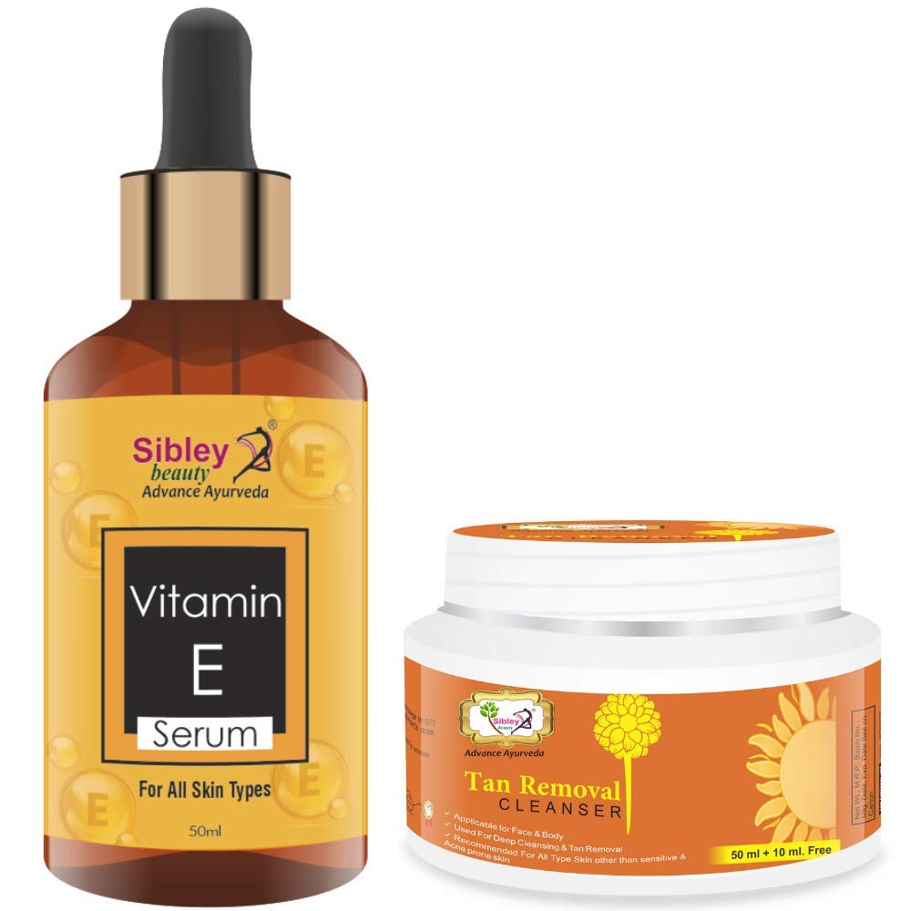Sibley Beauty Vitamin E Face Serum (50ml) & De-Tan Facial Cleanser (60g) - 2 Piece Skincare Set for Men & Women - Hydrates & Brightens Oily, Dry, Normal & Combination Skin - Perfect for Daily Use, Night Routine & Travel Skincare Essentials