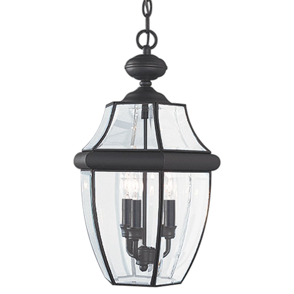 Sea Gull Lighting 6039-12 Lancaster Outdoor Pendant Lantern - 3-Light Black Exterior Fixture for Porch, Patio, and Garden Lighting