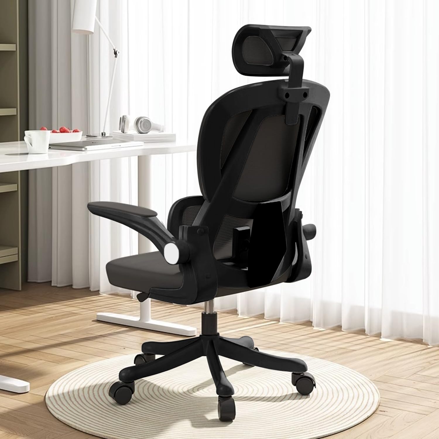 Ergonomic High Back Office Chair with Adjustable Headrest & Flip-Up Armrests - Breathable Mesh Computer Desk Chair for Home & Office - Black - Perfect for Long Work Hours & Gaming Sessions