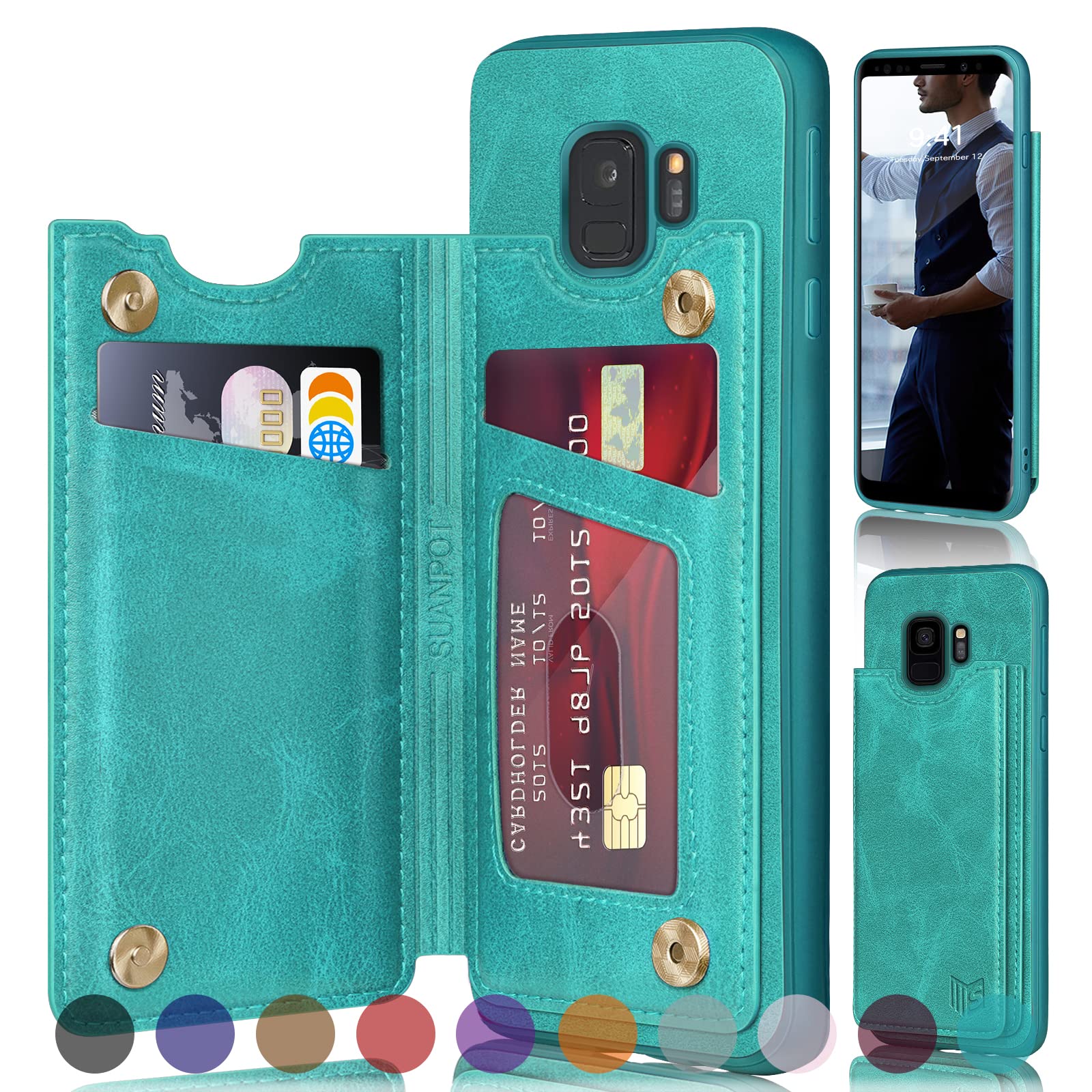 RFID Blocking Samsung Galaxy S9 Wallet Case - PU Leather Flip Cover with Credit Card Holder | Slim Protective Phone Case for Women & Men | Perfect for Travel, Work & Everyday Use (Blue Green)