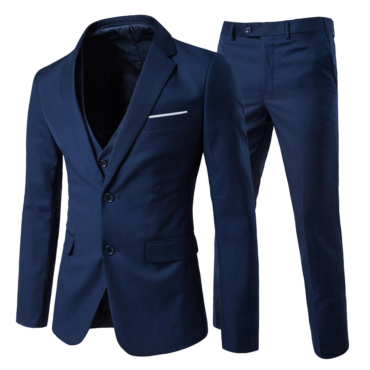 3 Piece Notched Lapel Navy Blue Suit for Men - Business Casual & Wedding Attire | Perfect for Office, Formal Events & Special Occasions