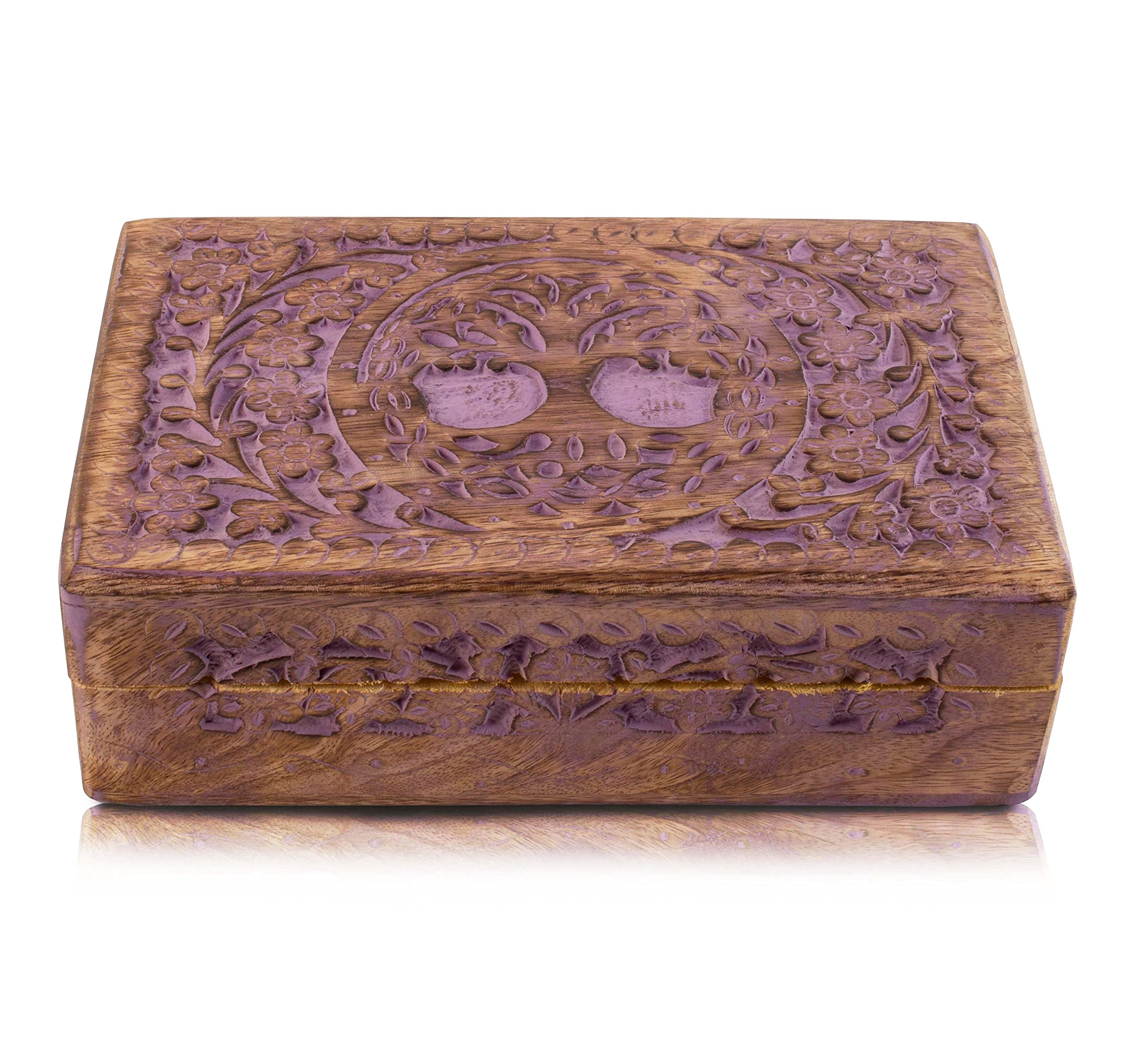 Handmade Wooden Jewelry Box with Tree of Life Carving - Decorative Jewelry Organizer, Keepsake Storage Box for Necklaces, Rings & Watches - Perfect Birthday, Housewarming Gift & Home Decor (Violet)