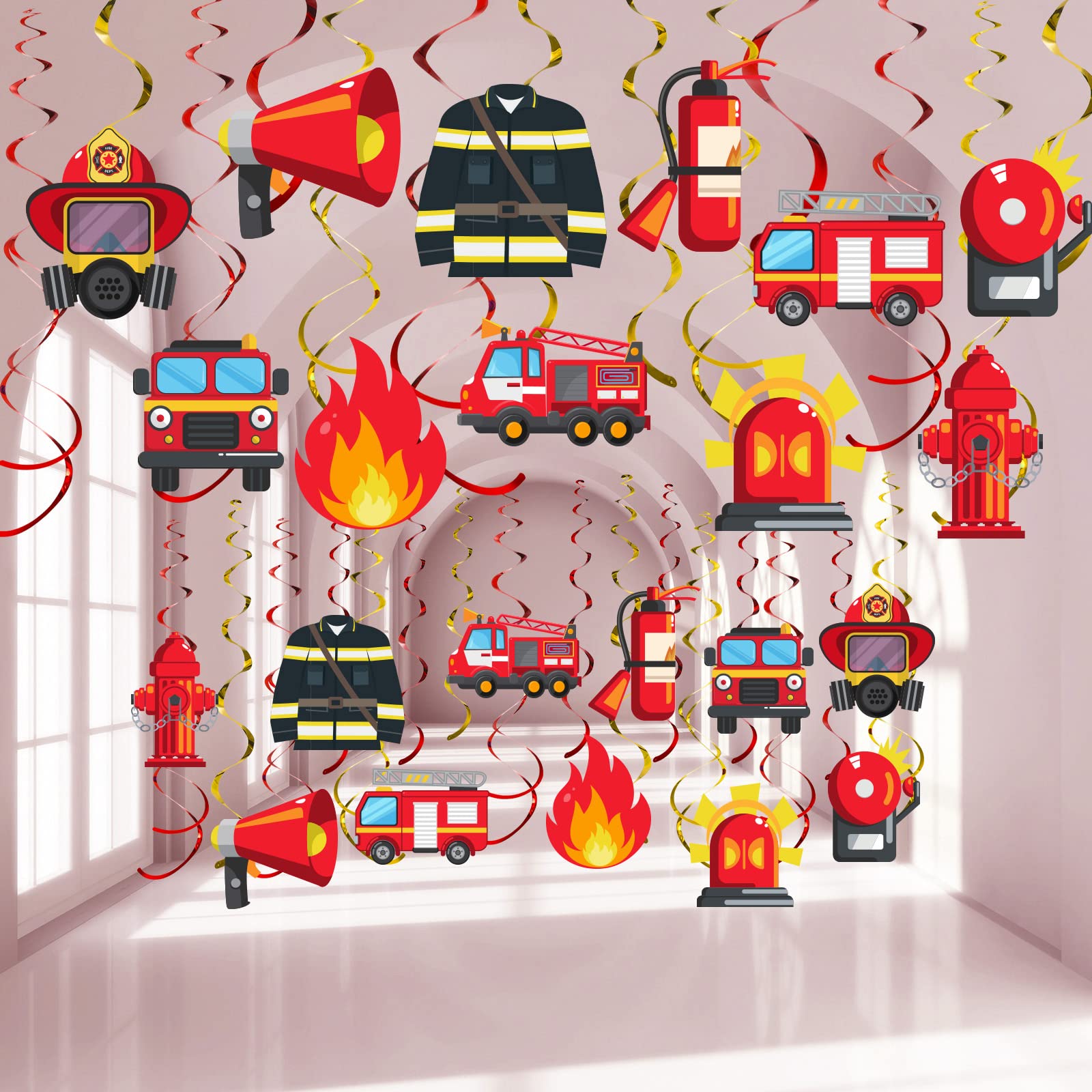 Faccito 30-Piece Fire Truck Hanging Swirl Decorations - Firefighter Party Supplies for Birthday, Baby Shower & Fireman Theme Events - Durable Firetruck Party Favors & Ceiling Decor for Kids Room & Classroom